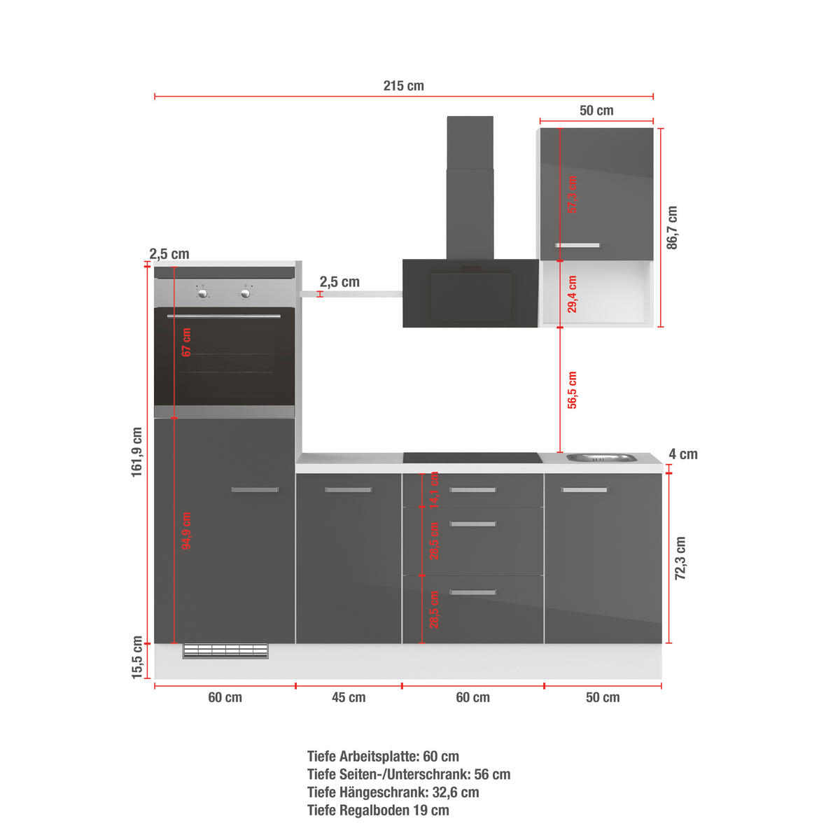 KÜCHENBLOCK 215 cm   in Rot, Weiß  - Edelstahlfarben/Rot, Trend, Holzwerkstoff/Metall (215cm) - Impuls