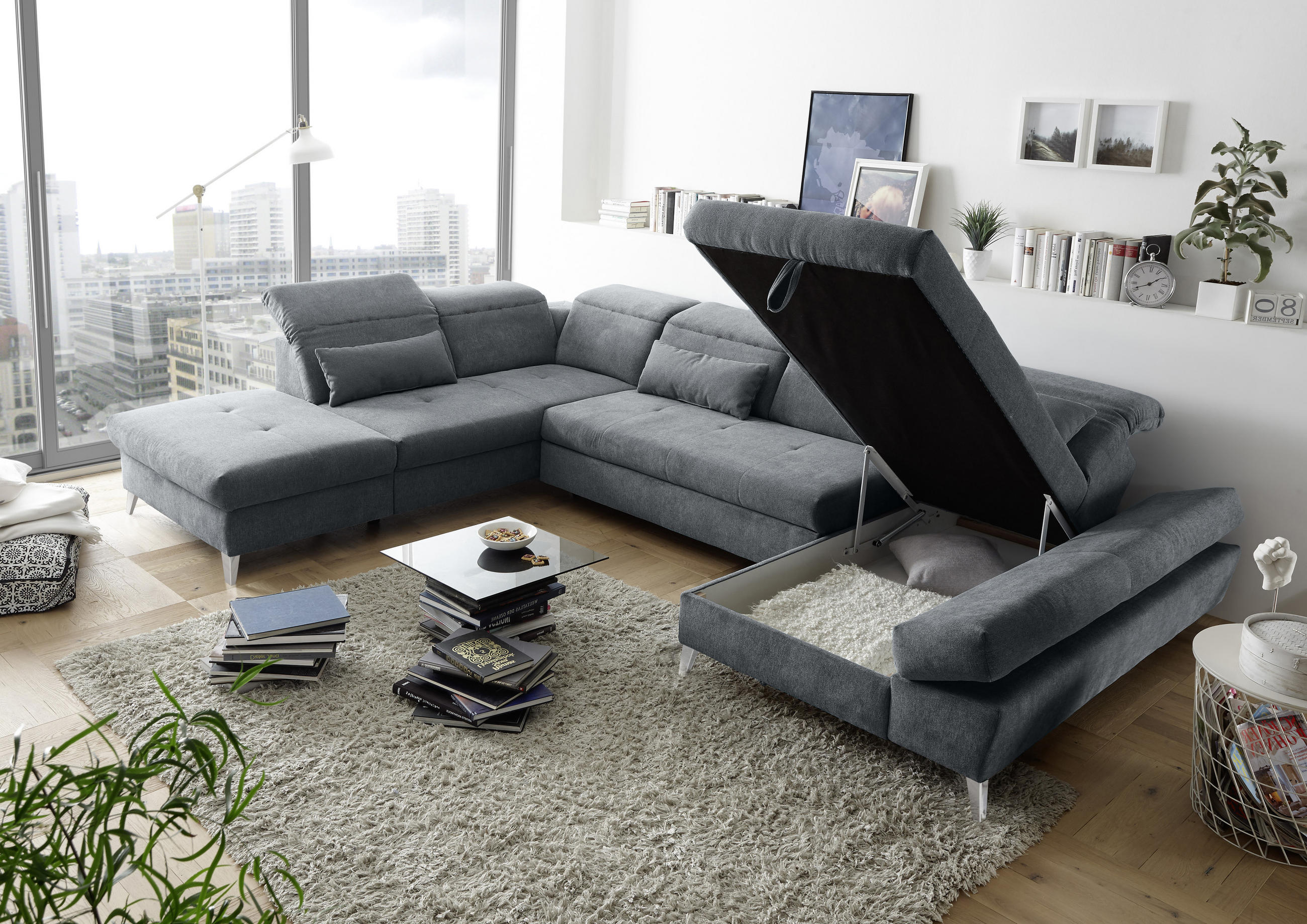 SEDEŽNA GARNITURA, mikrovelur antracit  - barve kroma/antracit, Design, umetna masa/tekstil (245/73-96/350cm) - Hom`in