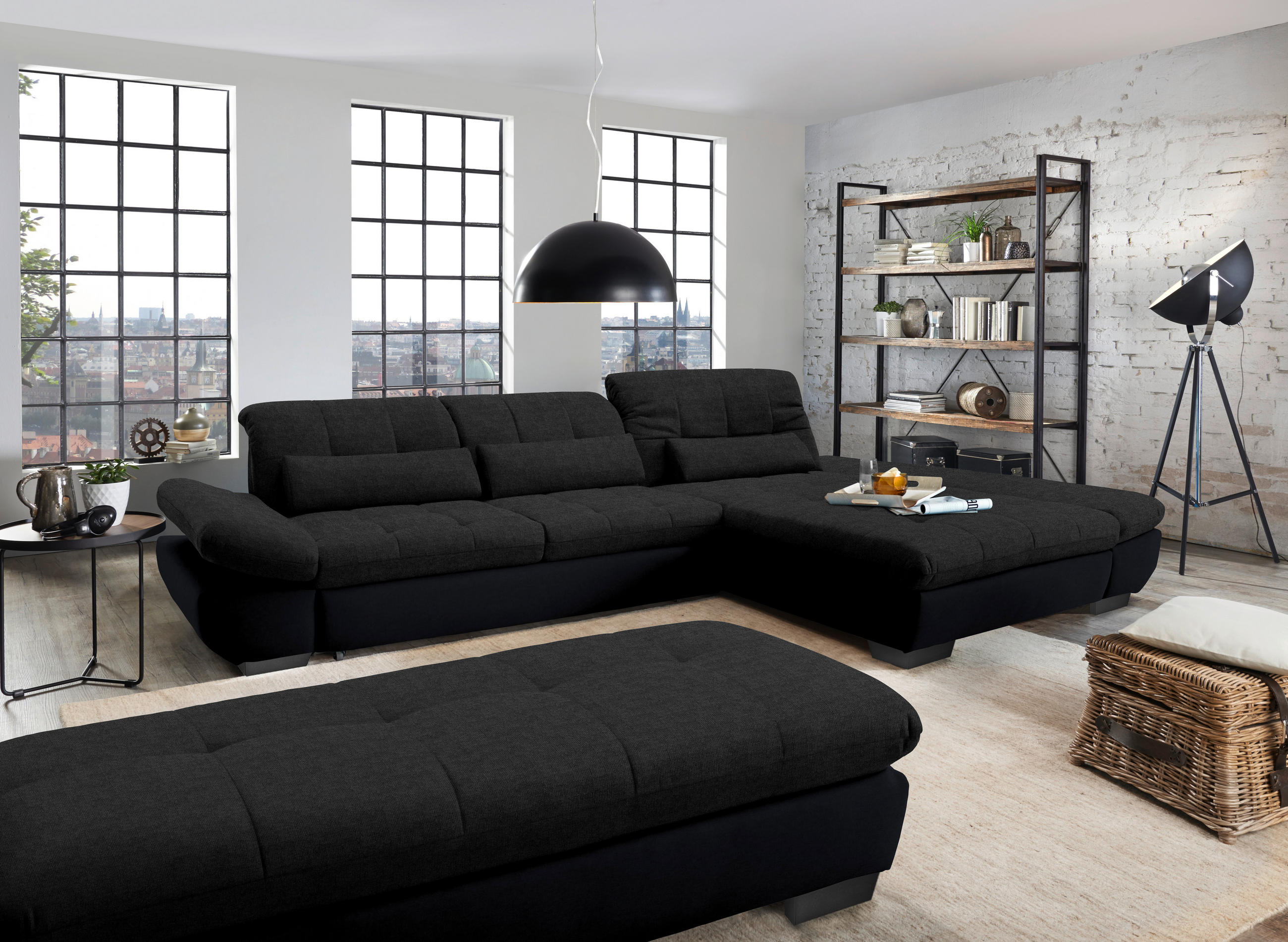 ECKSOFA in Mikrofaser Graphitfarben  - Schwarz/Graphitfarben, Design, Textil/Metall (341/204cm) - Xora