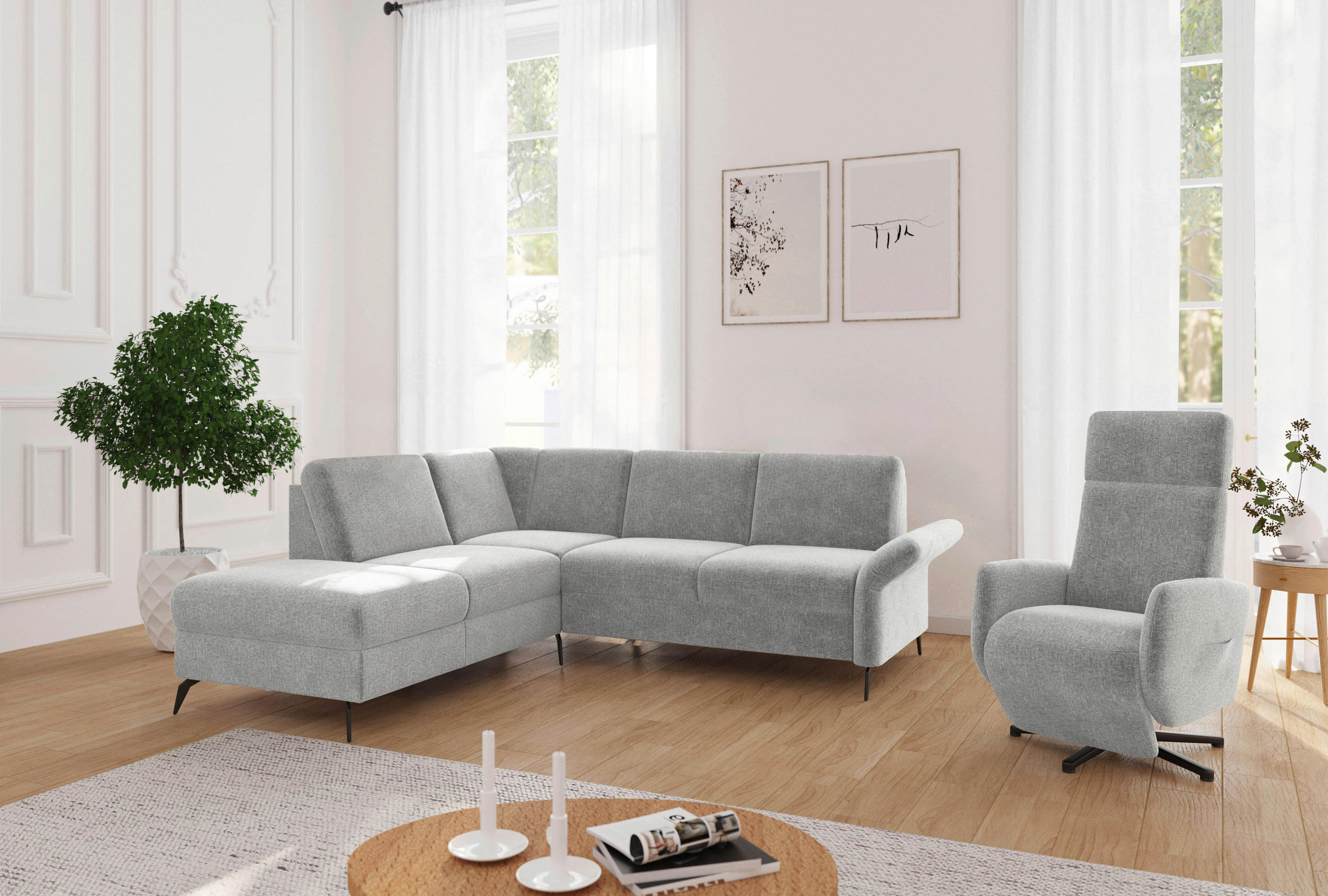 Thumbnail - Sit & More Ecksofa Rochelle E, Hellgrau, Textil, 5,5-Sitzer, Ottomane links, L-Form, 240x216 cm, Goldenes M, Oeko-Tex® S...