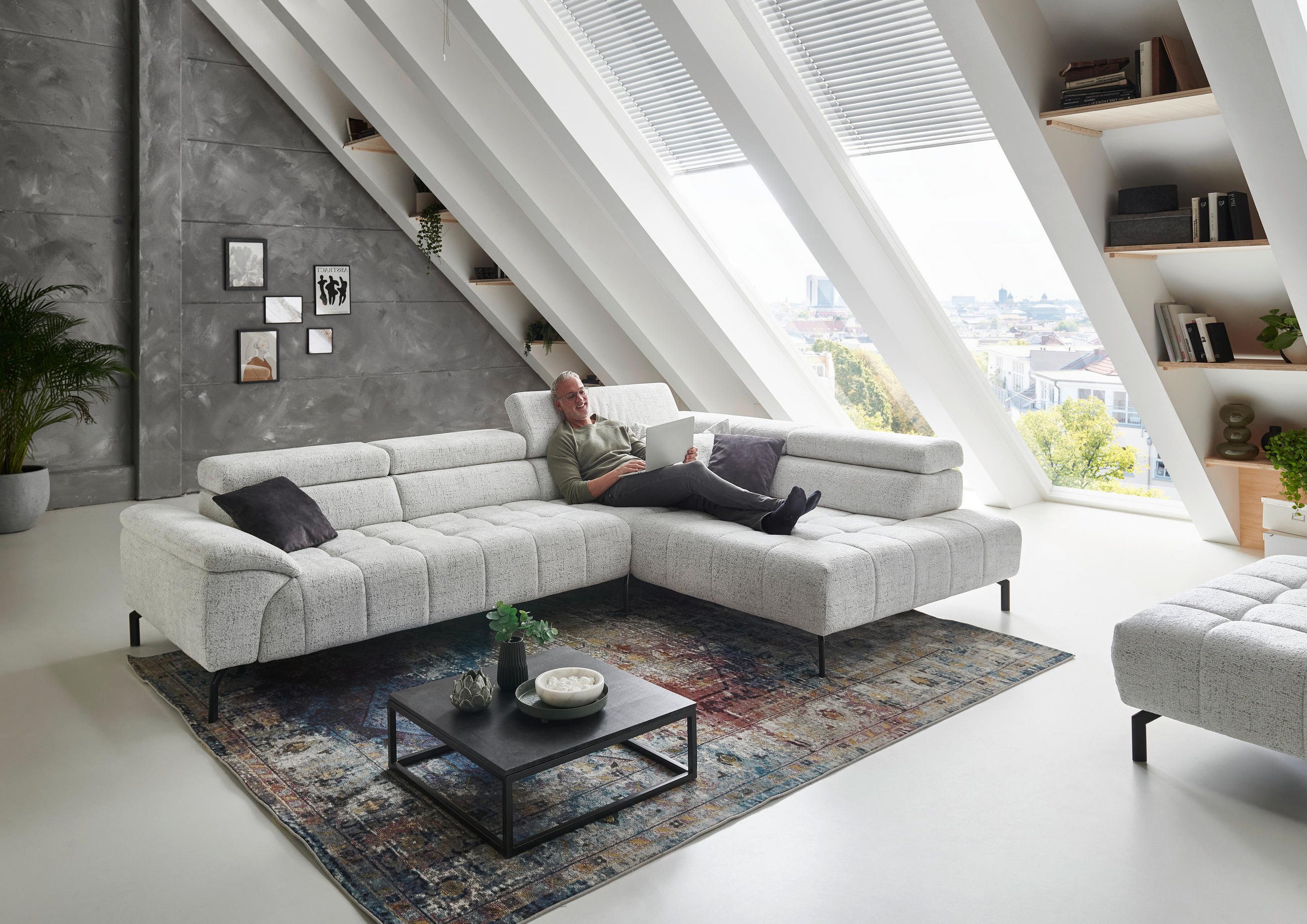 ECKSOFA in Chenille Grauweiss  - Schwarz/Grauweiss, Design, Textil/Metall (323/222cm) - Beldomo Style