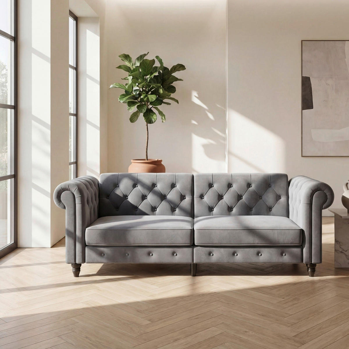 SCHLAFSOFA FIRENZE in Velours Hellgrau Vintage, Skandinavisch, Modern  - Hellgrau/Schwarz, Basics, Holz/Textil (236/83/87cm) - Livetastic