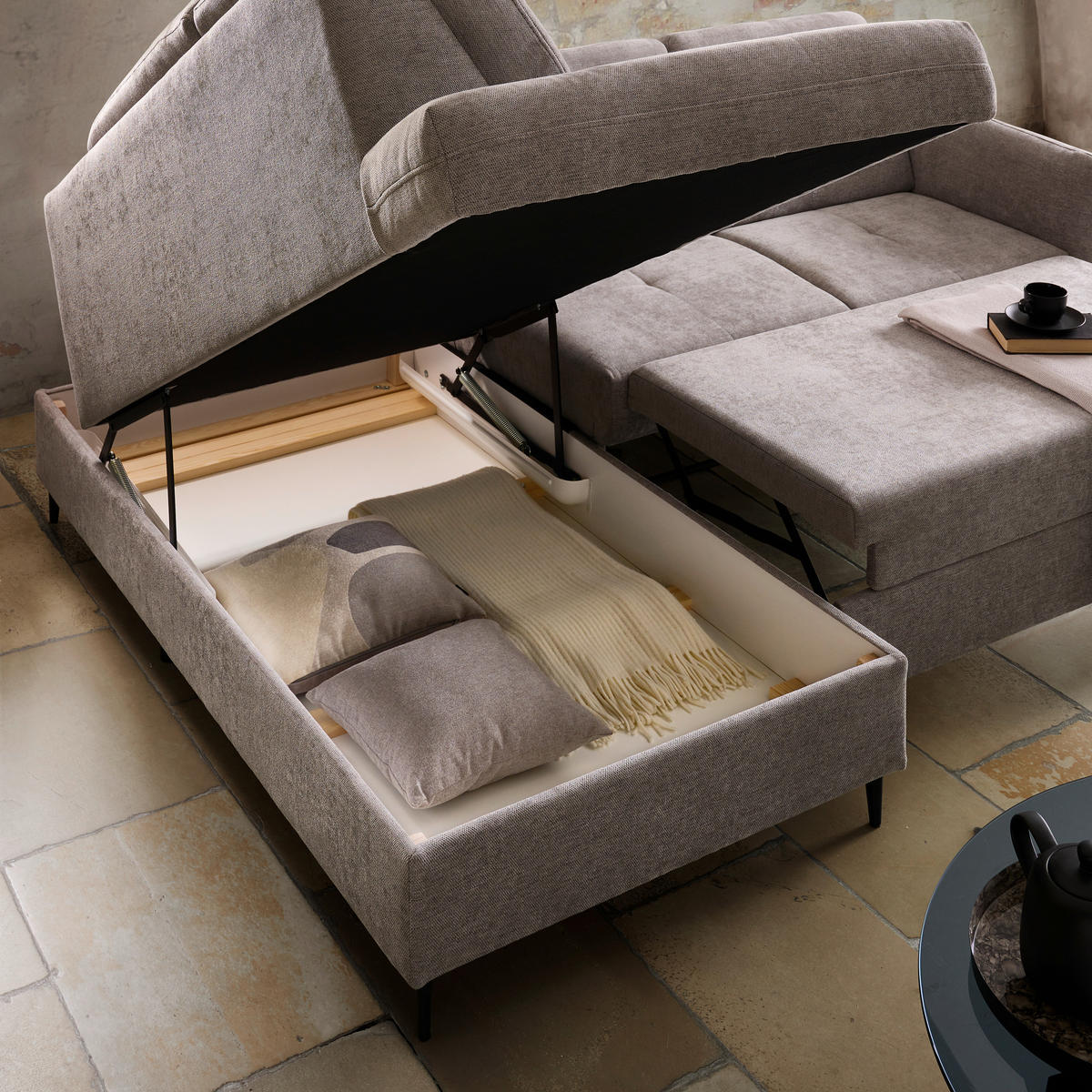 ECKSOFA in Chenille Grau  - Schwarz/Grau, Modern, Holz/Textil (184/241cm) - Carryhome