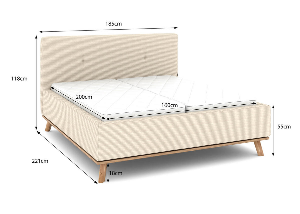 POLSTERBETT Matratze, Lattenrost, Bettkasten 160/200 cm  in Creme  - Eichefarben/Creme, Design, Holz/Textil (160/200cm) - Musterring