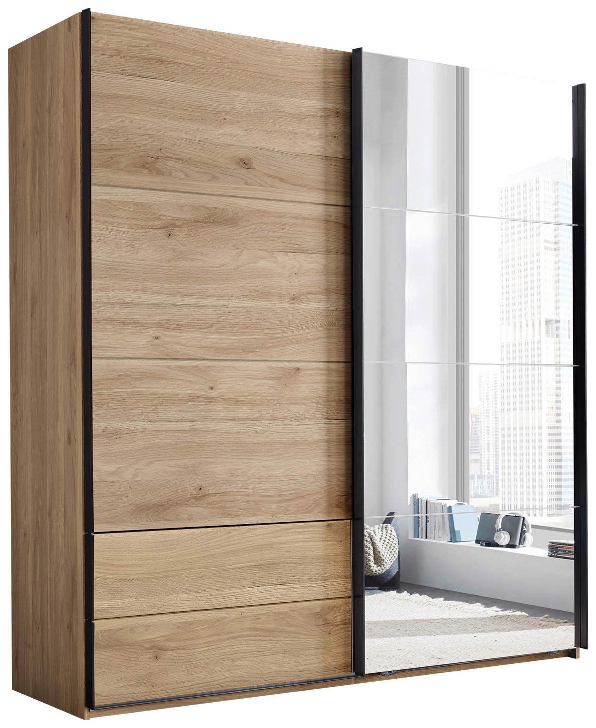 SCHWEBETÜRENSCHRANK  in Eichefarben  - Eichefarben/Schwarz, MODERN, Glas/Holzwerkstoff (215/225,5/60,5cm) - Xora