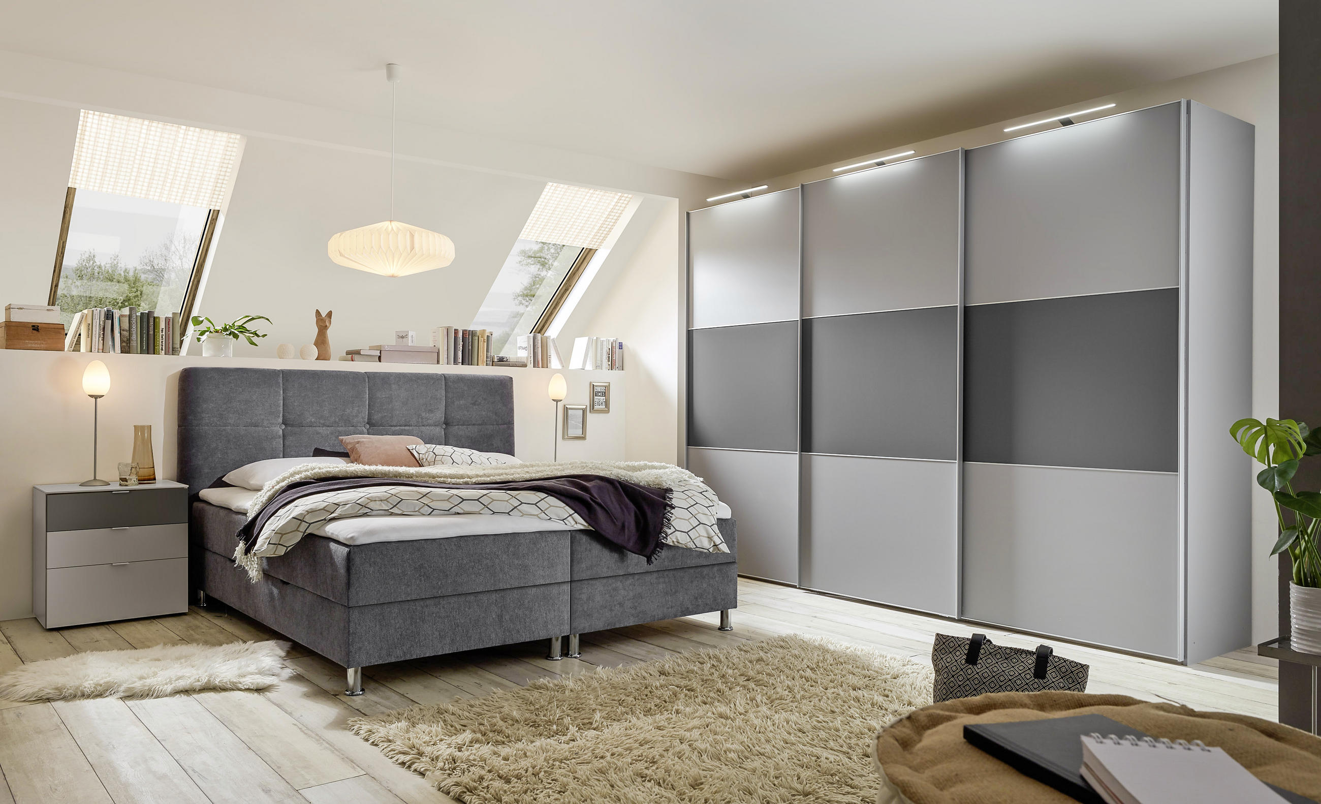 Thumbnail - Moderano Schwebetürenschrank, Anthrazit, Hellgrau, Holzwerkstoff, 6 Fächer, 2 Schubladen, 298x222x68 cm, Goldenes M, BQ ...