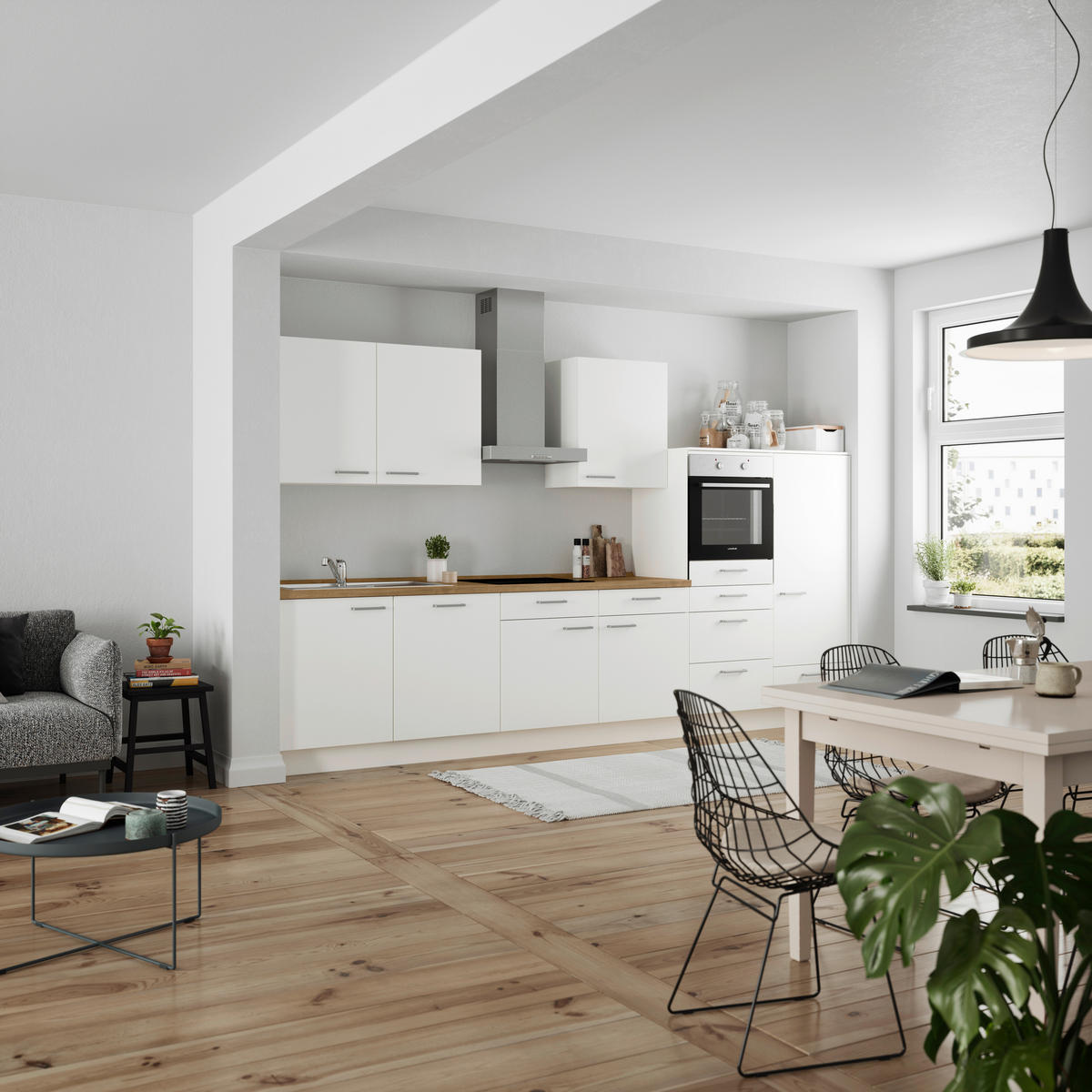 KÜCHENBLOCK 360 cm   in Weiß, Eichefarben  - Edelstahlfarben/Eichefarben, MODERN, Holzwerkstoff/Metall (360cm) - Nobilia