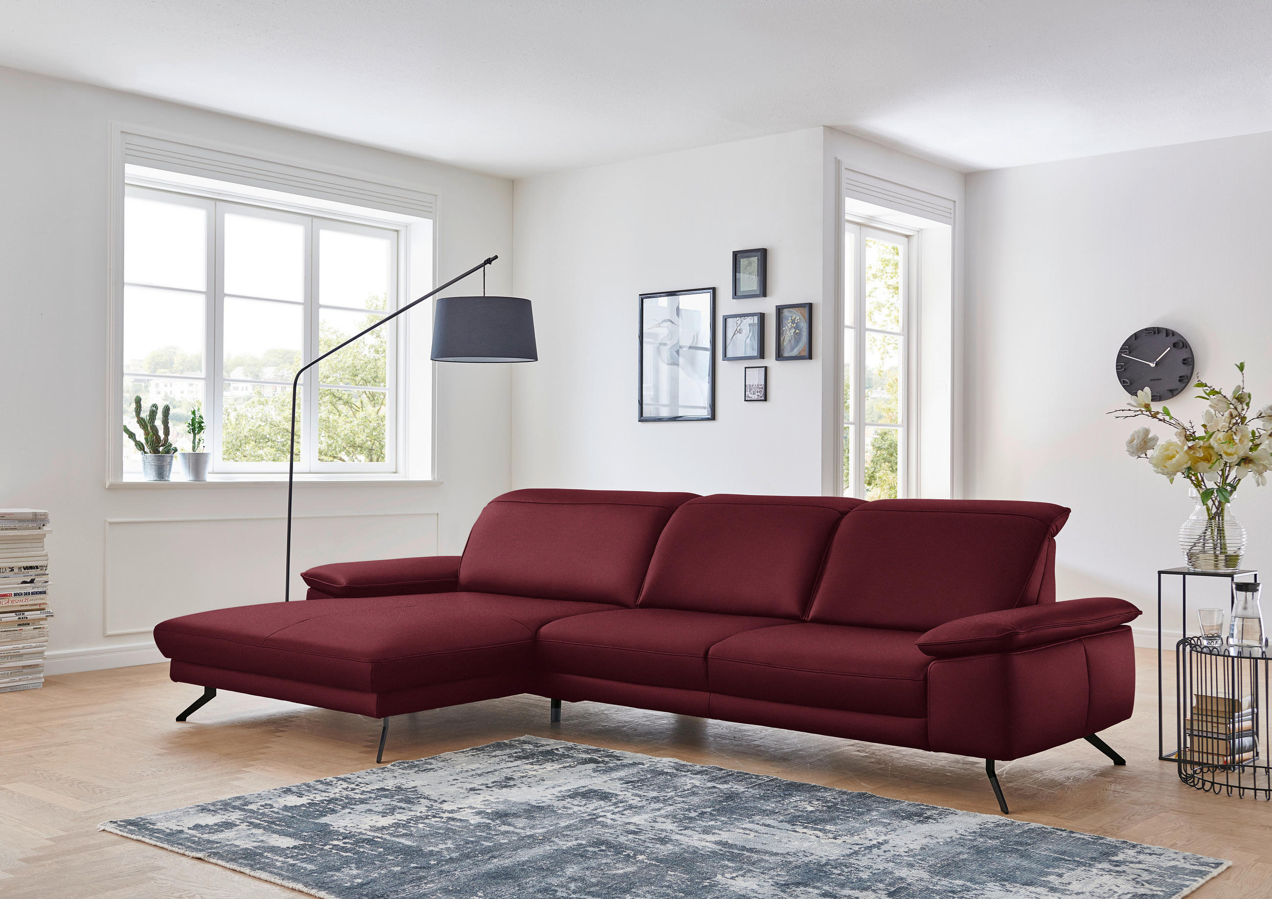 ECKSOFA in Echtleder Weinrot  - Weinrot/Schwarz, Design, Leder/Metall (193/328cm) - Dieter Knoll