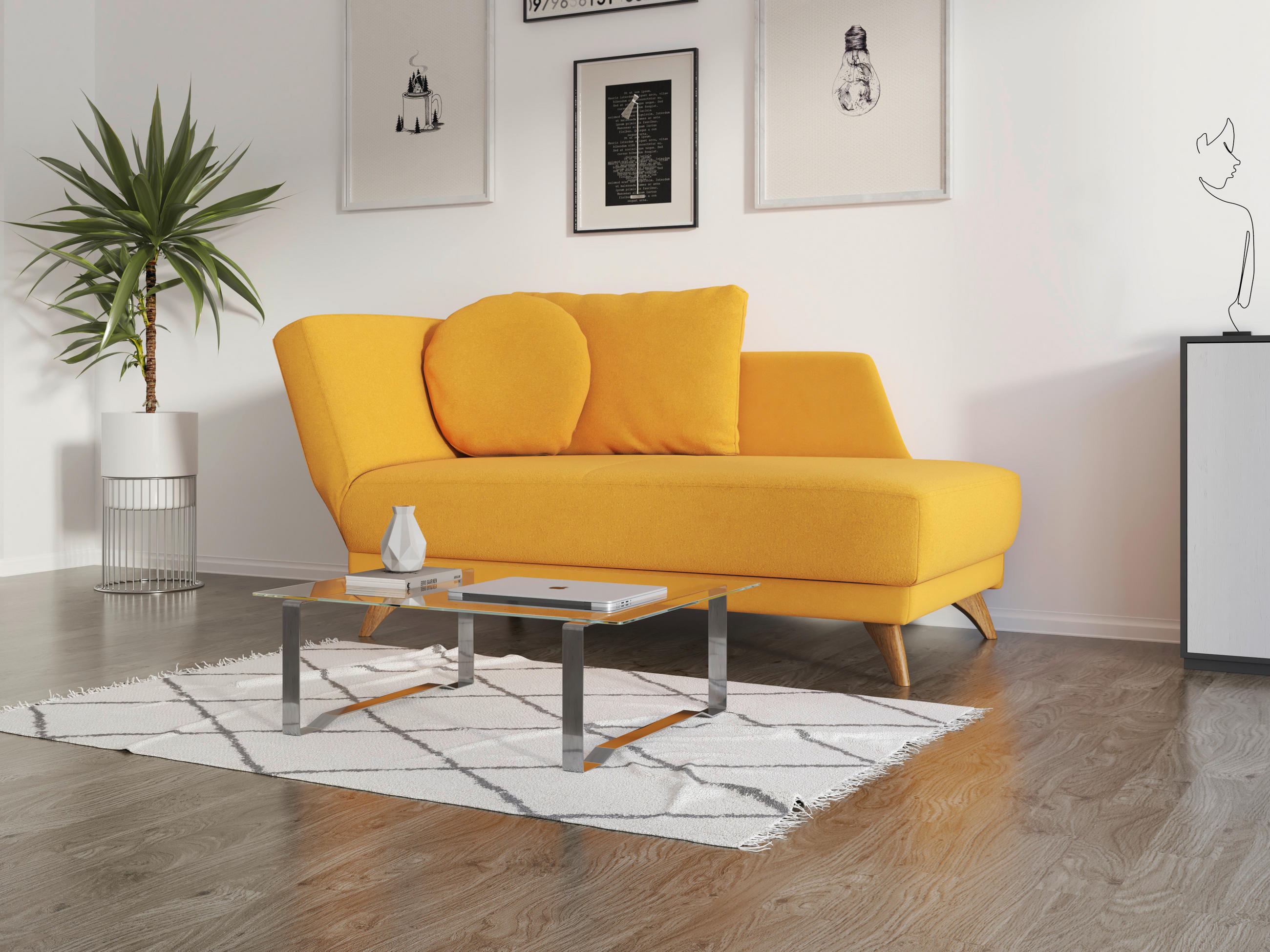 RÉCAMIERE in Flachgewebe Currygelb - Currygelb/Eichefarben, Modern, Holz/Textil (205/74/94cm) - Bali