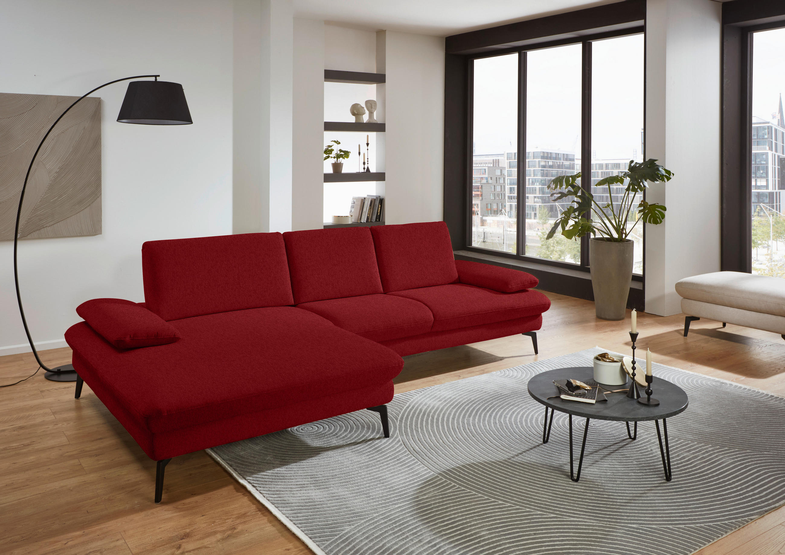 ECKSOFA in Chenille, Mikrofaser Bordeaux  - Bordeaux/Schwarz, Design, Textil/Metall (157/299cm) - Dieter Knoll