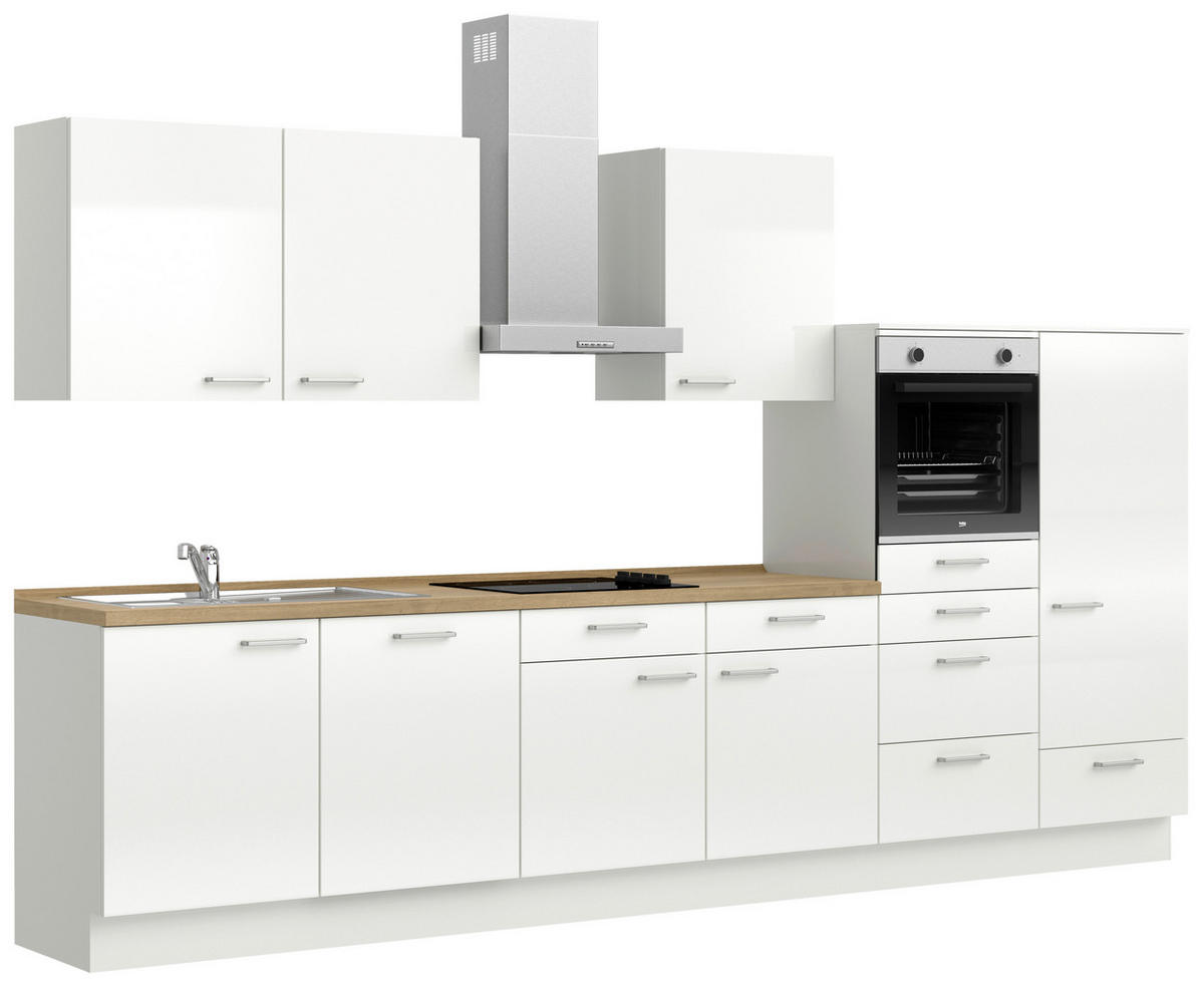 KÜCHENBLOCK 360 cm   in Eichefarben, Weiß Hochglanz  - Edelstahlfarben/Eichefarben, MODERN, Holzwerkstoff/Metall (360cm) - Nobilia