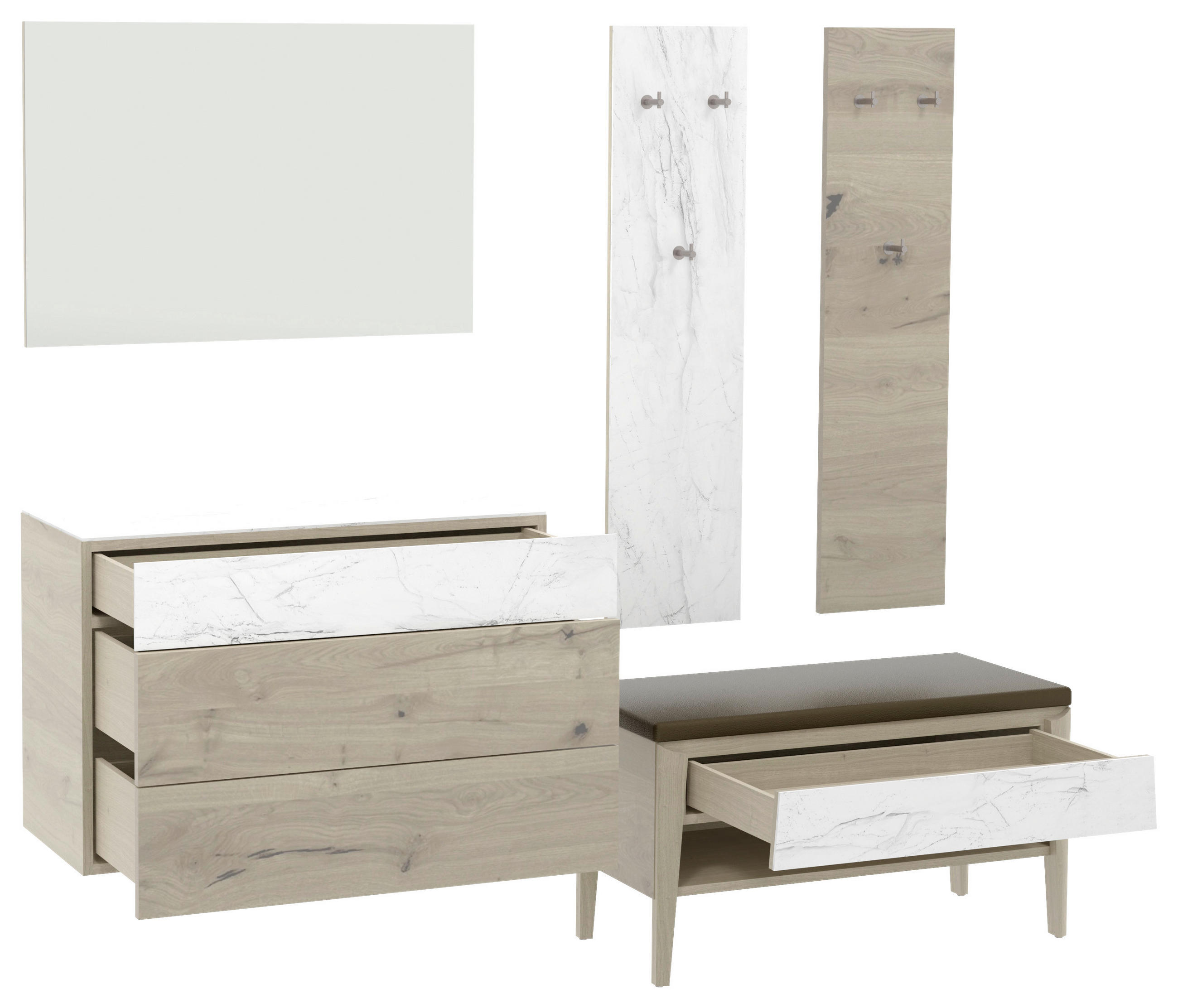 GARDEROBE 5-teilig  in 220/194/42,6 cm  - Eichefarben/Weiß, Natur, Glas/Leder (220/194/42,6cm) - Voglauer
