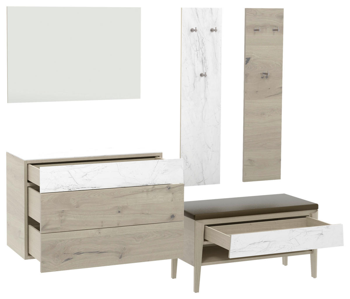GARDEROBE 5-teilig  in 220/194/42,6 cm  - Weiss/Eichefarben, Natur, Glas/Leder (220/194/42,6cm) - Voglauer