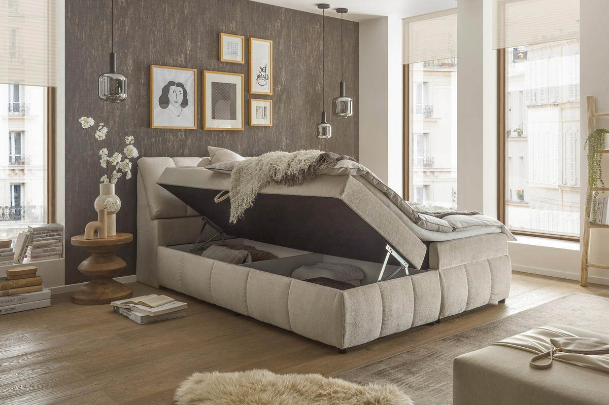 BOXBETT 160/200 cm  in Beige  - Beige/Schwarz, Modern, Holzwerkstoff/Kunststoff (160/200cm) - MID.YOU