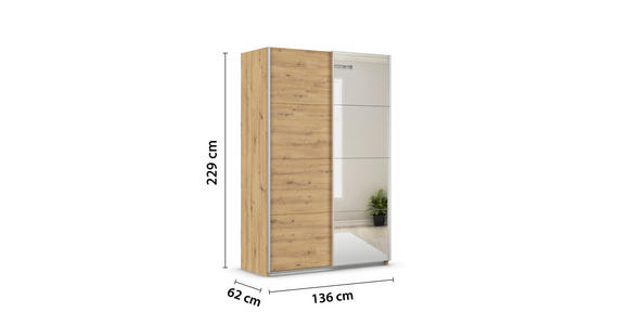 SCHWEBETÜRENSCHRANK  in Eiche Artisan  - Alufarben/Eiche Artisan, KONVENTIONELL, Glas/Holzwerkstoff (136/229/62cm) - Xora