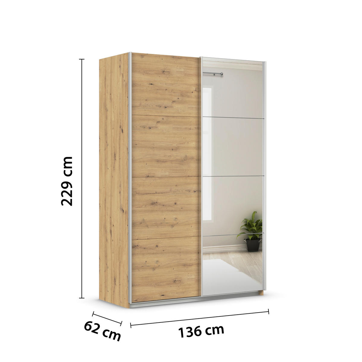 SCHWEBETÜRENSCHRANK  in Eiche Artisan  - Alufarben/Eiche Artisan, KONVENTIONELL, Glas/Holzwerkstoff (136/229/62cm) - Xora