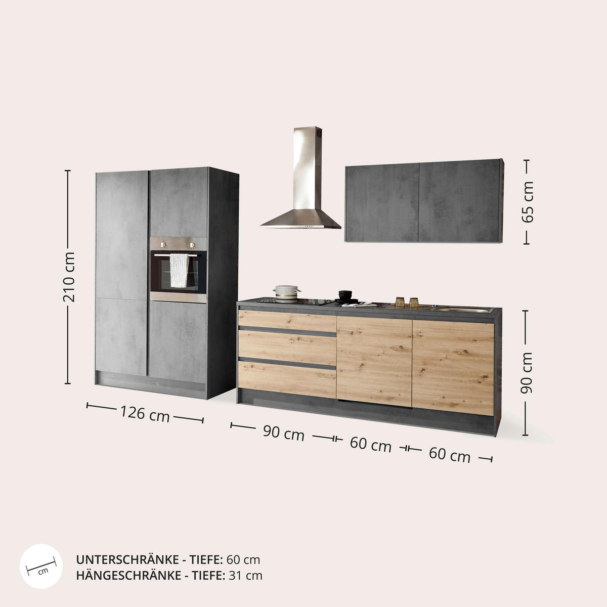 KUHINJSKI BLOK BREZ APARATOV - barve hrasta/antracit, Basics, leseni material (336,4/210/60cm) - Xora