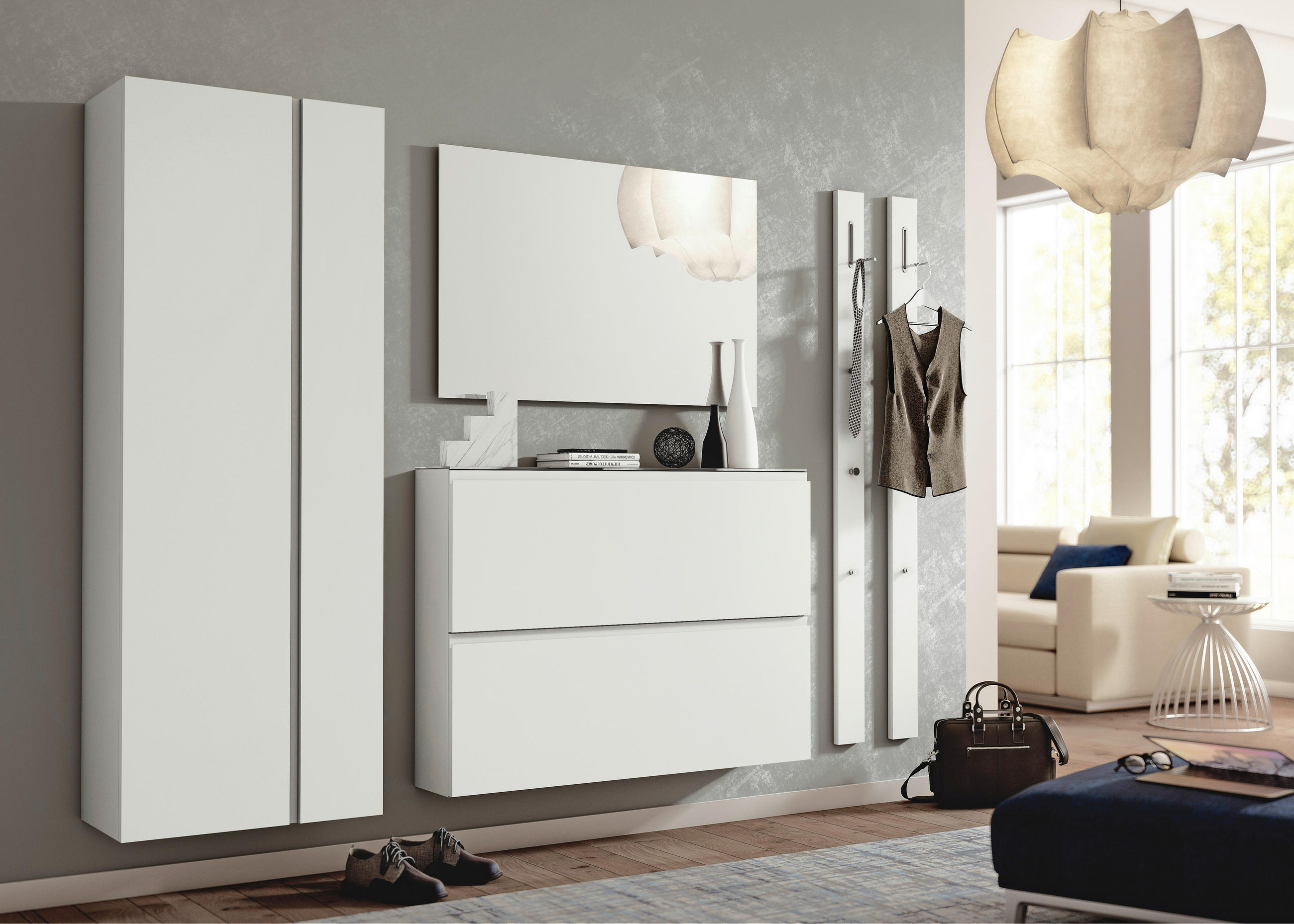 GARDEROBE 5-teilig  in 220/185/33 cm  - Weiss, Design, Glas/Holzwerkstoff (220/185/33cm) - Moderano