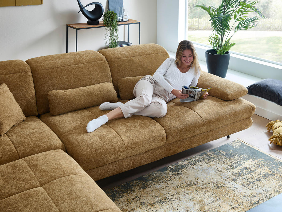 ECKSOFA Beldomo System Dunkelgelb Chenille Rücken echt, Kopfteilverstellung  - Dunkelgelb/Schwarz, Design, Textil/Metall (235/311cm) - Beldomo System