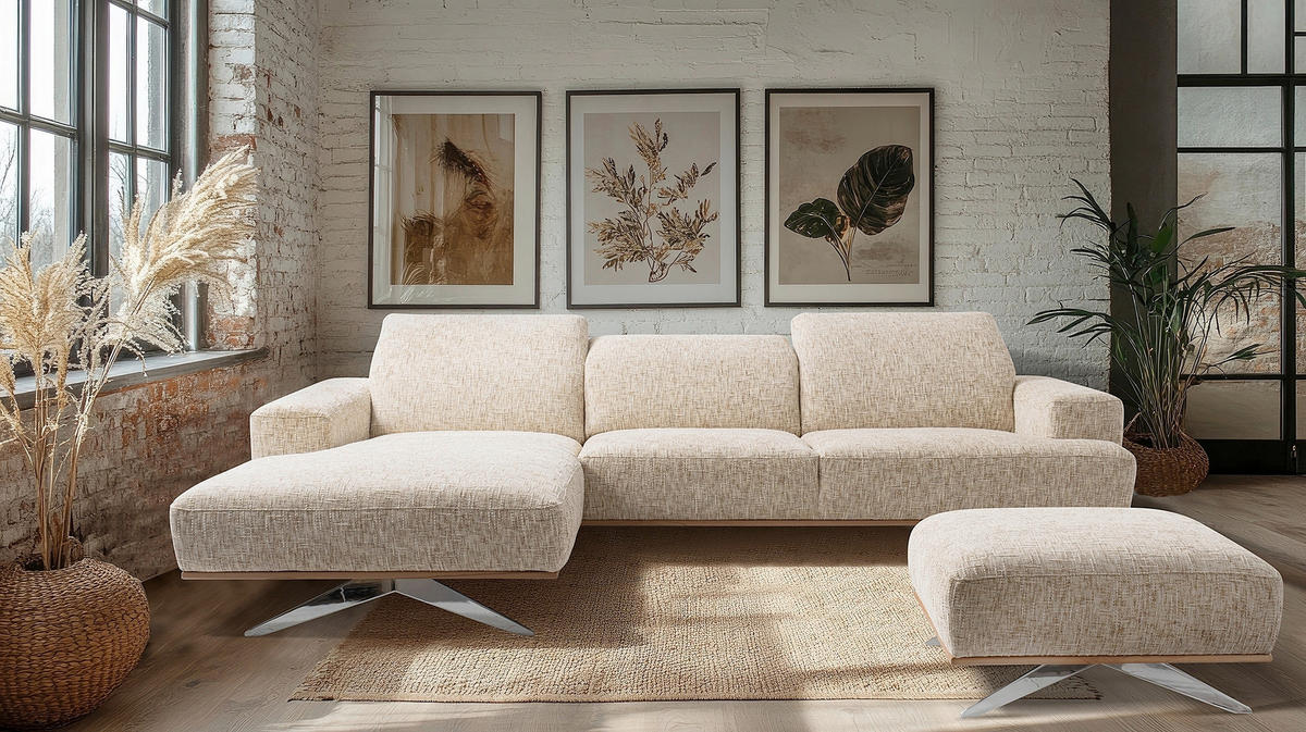ECKSOFA PORTLAND in Struktur Beige Kopfteilverstellung  187/295 cm  - Chromfarben/Beige, Design, Holz/Textil (187/295cm) - Livetastic