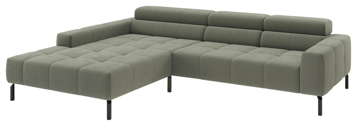 ECKSOFA Graugrün Feincord Rücken echt, Kopfteilverstellung, Sitztiefenverstellung  - Schwarz/Graugrün, KONVENTIONELL, Textil/Metall (226/293cm) - Hom`in