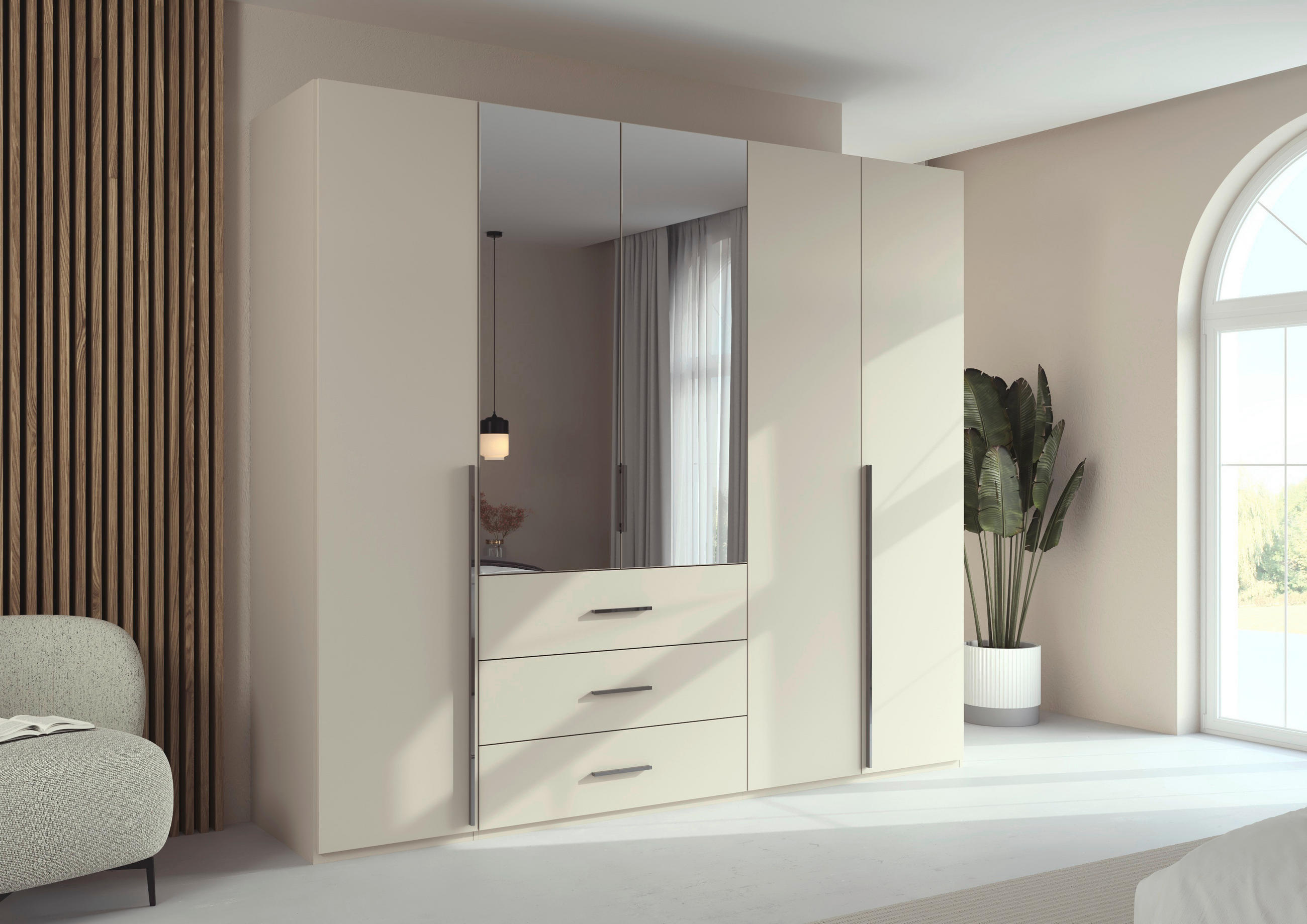 DREHTÜRENSCHRANK 251/223/60 cm,  in Champagner, 5-türig  - Chromfarben/Champagner, Design, Glas/Holzwerkstoff (251/223/60cm) - home24