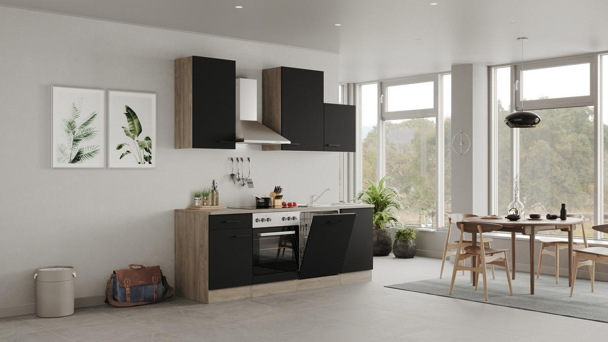 KUCHYŇSKÁ LINKA CAPRI 220 - černá/barvy dubu, Moderní, kov/kompozitní dřevo (220cm) - FlexWell