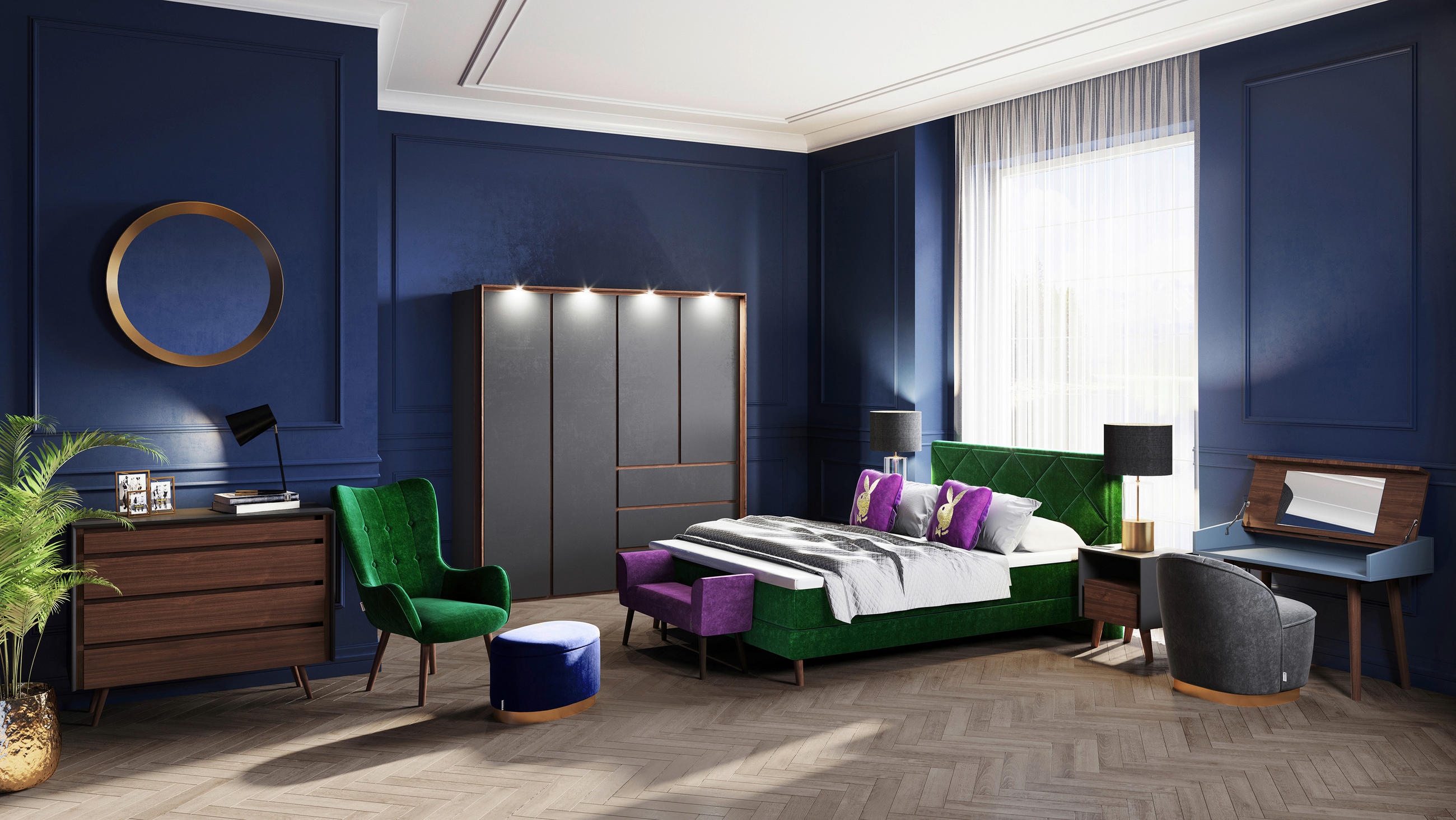 HOCKER in Textil Dunkelblau  - Goldfarben/Dunkelblau, LIFESTYLE, Textil (60/40/40cm) - Playboy