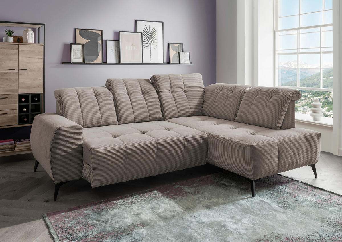ECKSOFA Graubraun Cord  - Graubraun/Schwarz, MODERN, Textil/Metall (261/200cm) - Livetastic