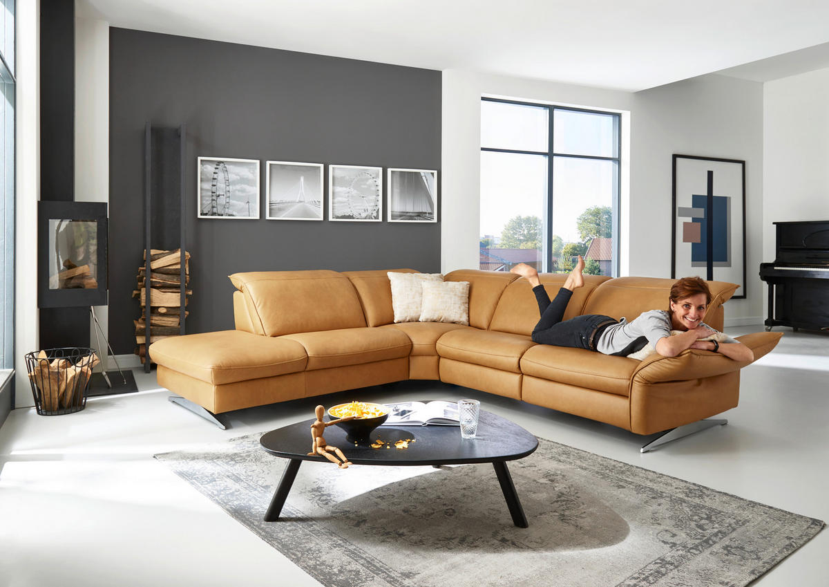 ECKSOFA in Echtleder Orange  - Edelstahlfarben/Orange, Design, Leder/Metall (258/292cm) - Hukla