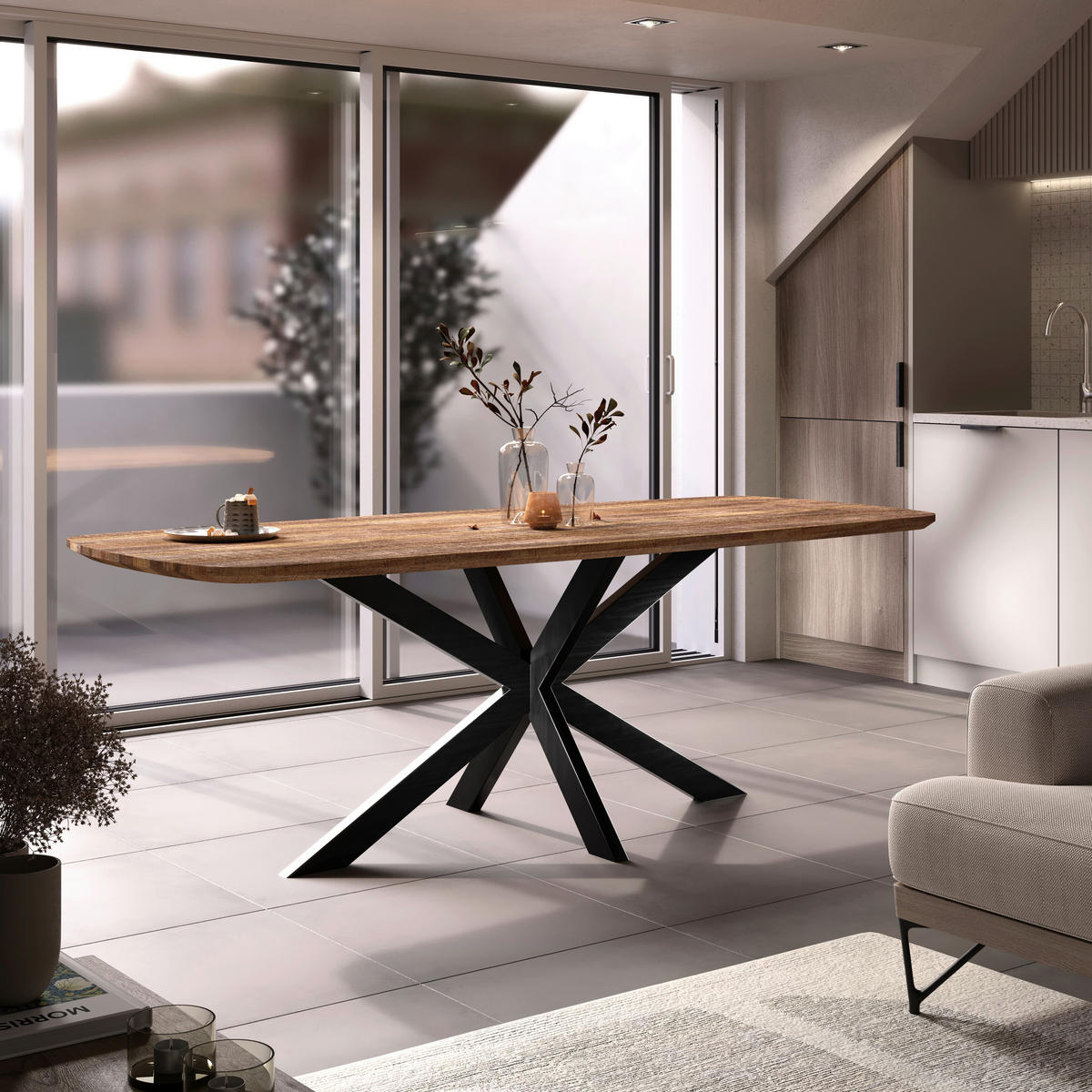 ESSTISCH in Holz, Metall 220/100/77 cm  - Beigebraun/Schwarz, KONVENTIONELL, Holz/Metall (220/100/77cm) - MID.YOU