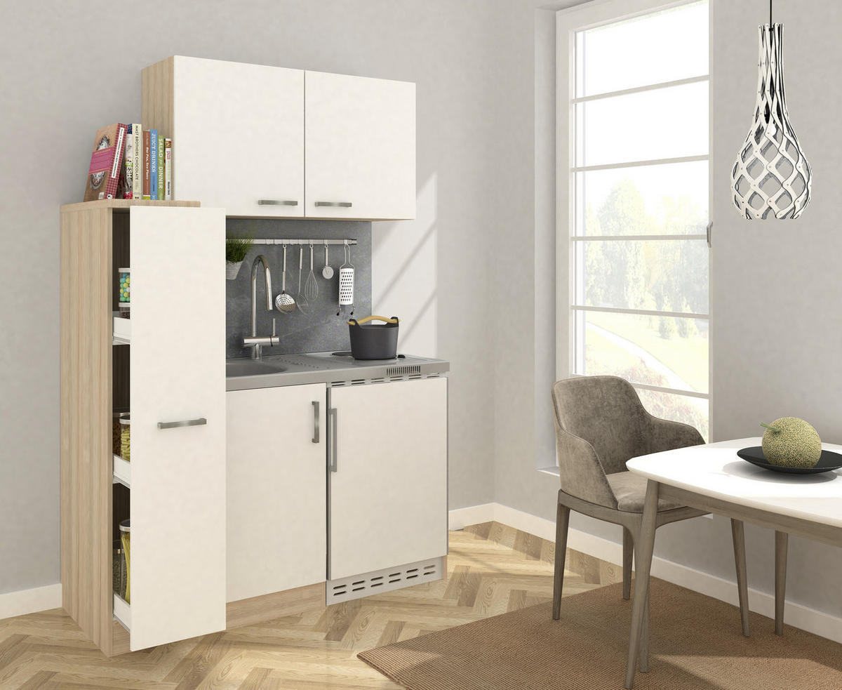 MINIKÜCHE 130 cm   in Weiss, Eichefarben  - Weiss/Edelstahlfarben, Modern, Holzwerkstoff/Metall (130cm) - Respekta