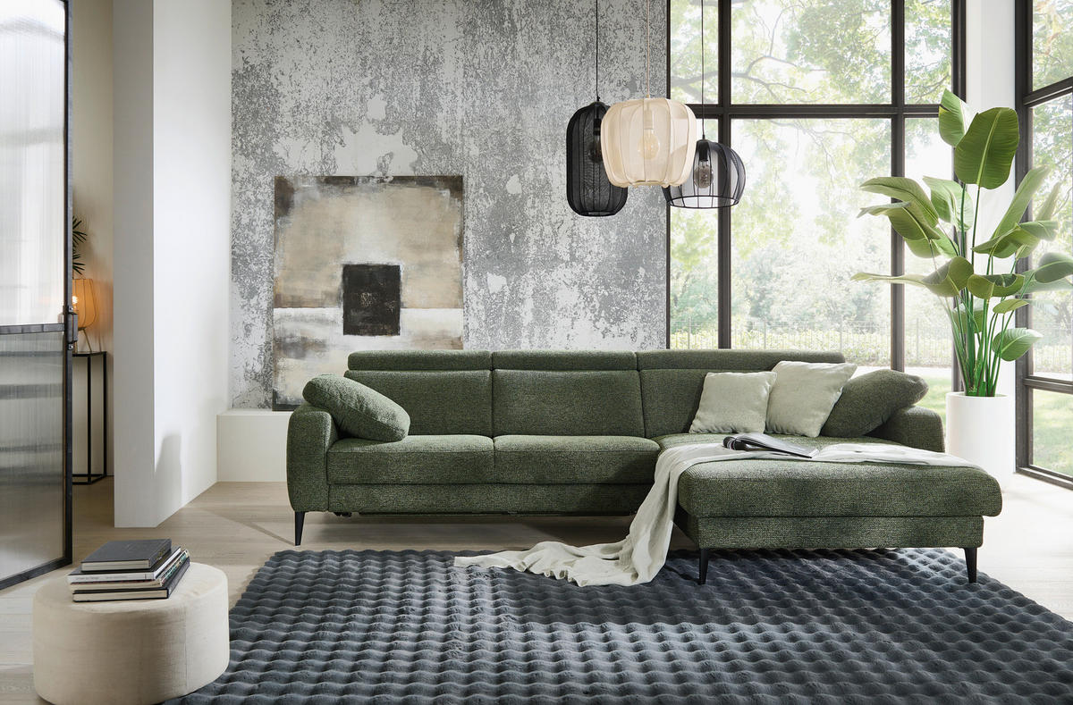 ECKSOFA Grün Chenille  - Schwarz/Grün, KONVENTIONELL, Textil/Metall (300/177cm) - Valdera