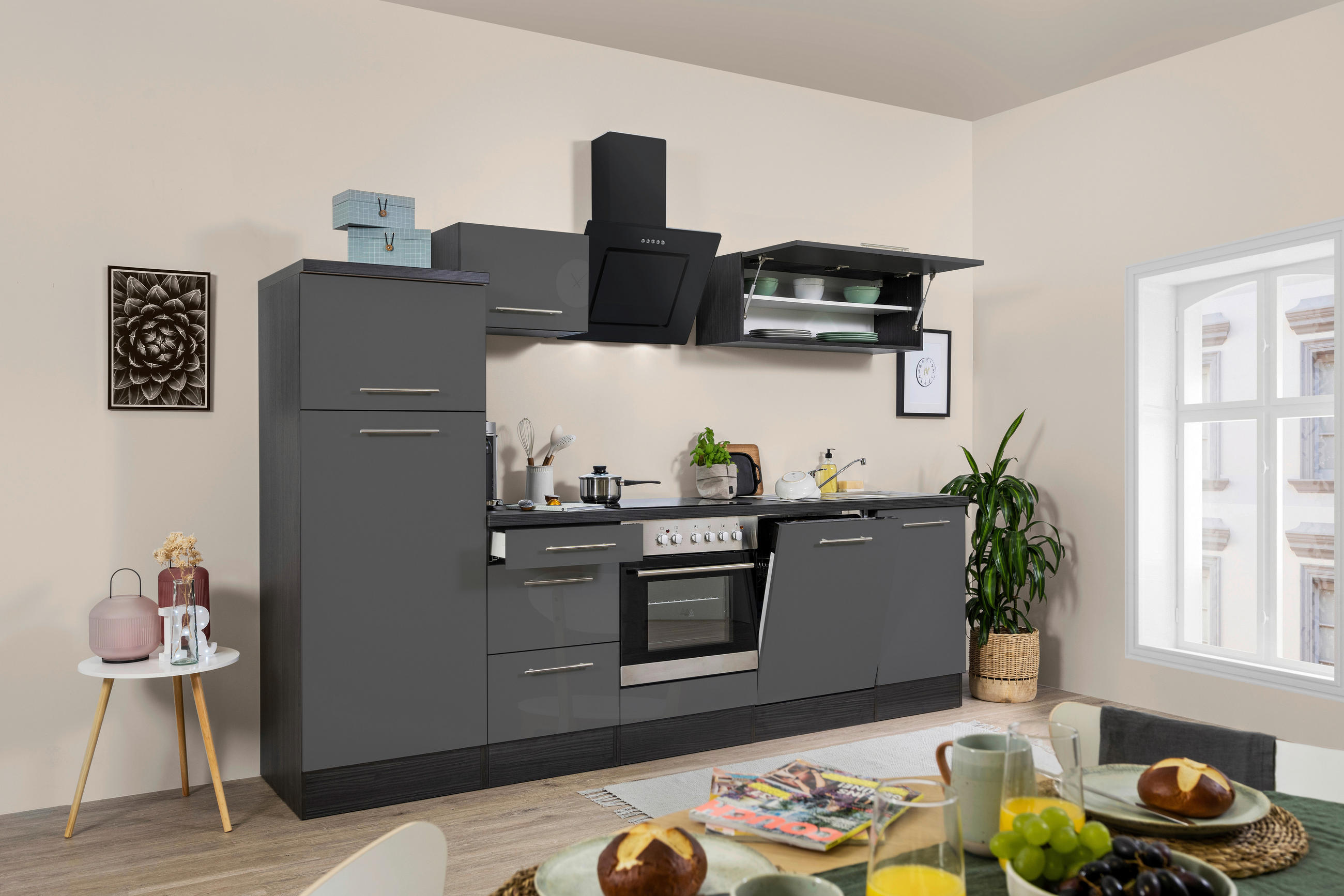 KÜCHENBLOCK 280 cm Grau E-Geräte, Spüle, Soft-Close-System, Geschirrspüler, Kühlgefrierkombination, Geschirrspülerblende, Dunstabzug, Ab- und Überlaufgarnitur - Eichefarben/Grau, KONVENTIONELL (280cm) - Respekta