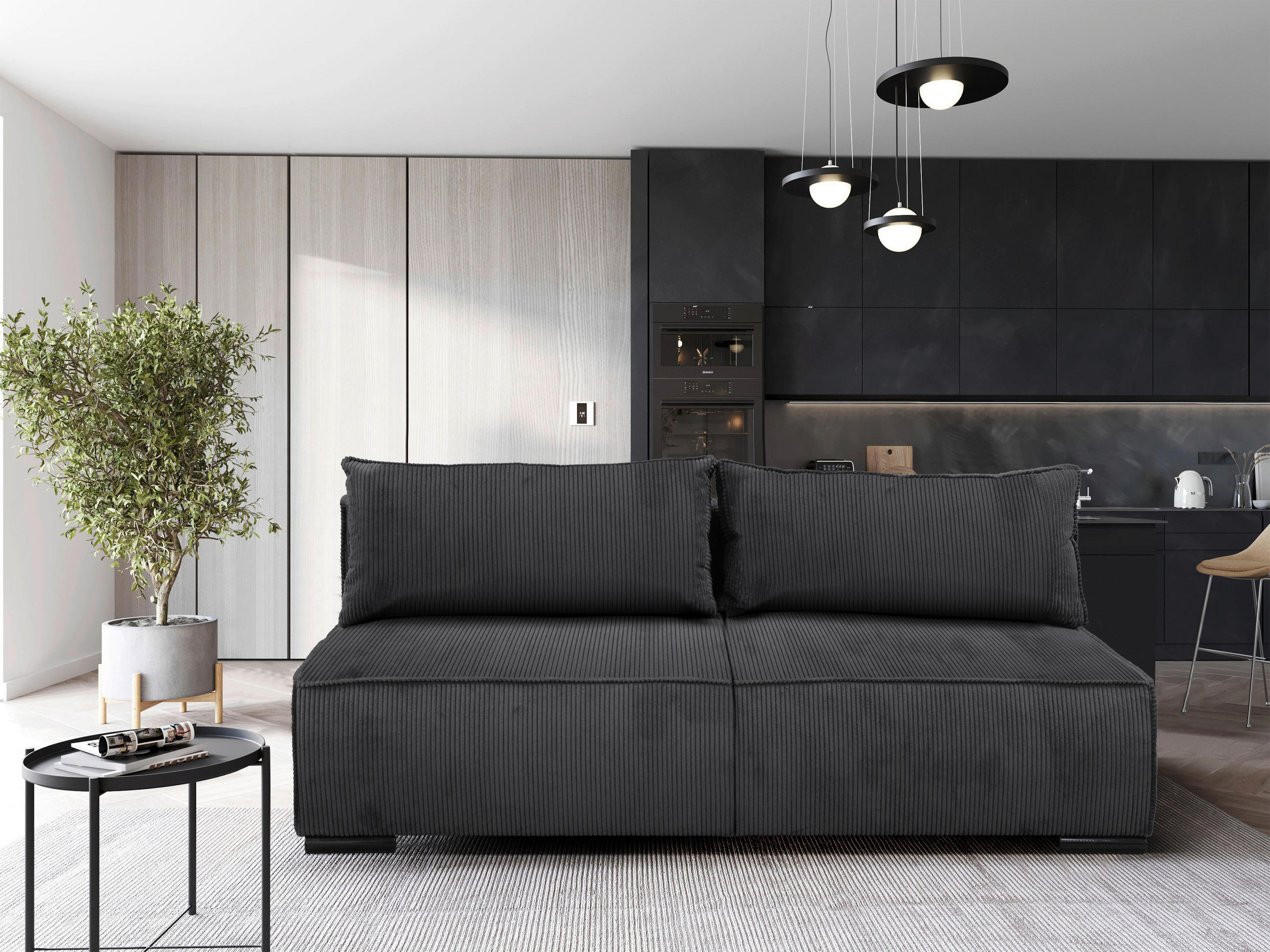 SCHLAFSOFA Struktur Dunkelgrau  - Dunkelgrau/Schwarz, Design, Kunststoff/Textil (202/90/99cm) - MID.YOU