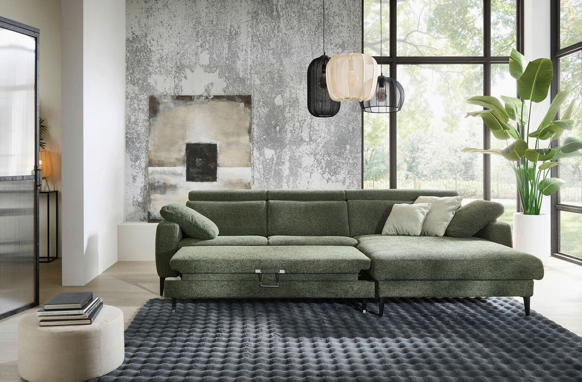 ECKSOFA Grün Chenille  - Schwarz/Grün, KONVENTIONELL, Textil/Metall (300/177cm) - Valdera