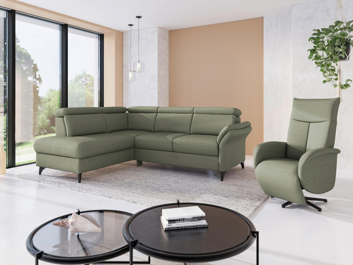 ECKSOFA GLENDALE E Olivgrün Flachgewebe  - Schwarz/Olivgrün, KONVENTIONELL, Textil/Metall (193/247cm) - Sit & More