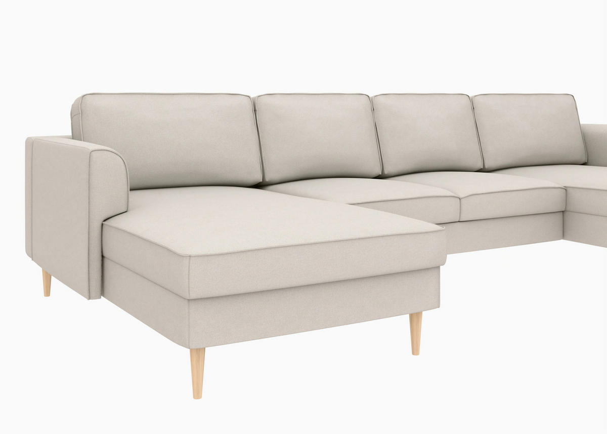 WOHNLANDSCHAFT Sandfarben Struktur  - Sandfarben/Buchefarben, MODERN, Holz/Textil (161/306/161cm) - Trendmanufaktur