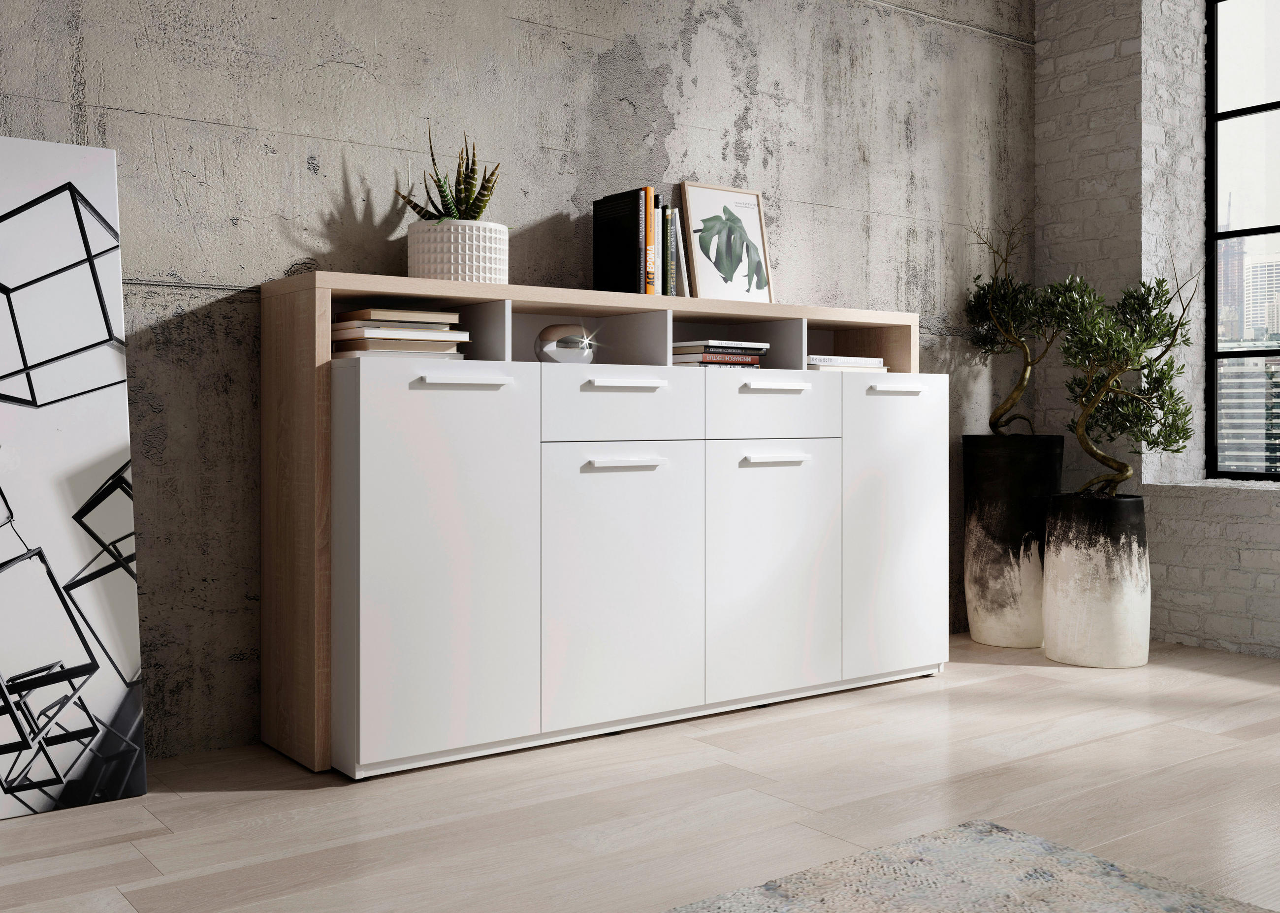 SIDEBOARD 170/94/40 cm  in Weiß, Sonoma Eiche  - Silberfarben/Braun, Trend, Holzwerkstoff/Kunststoff (170/94/40cm) - Xora