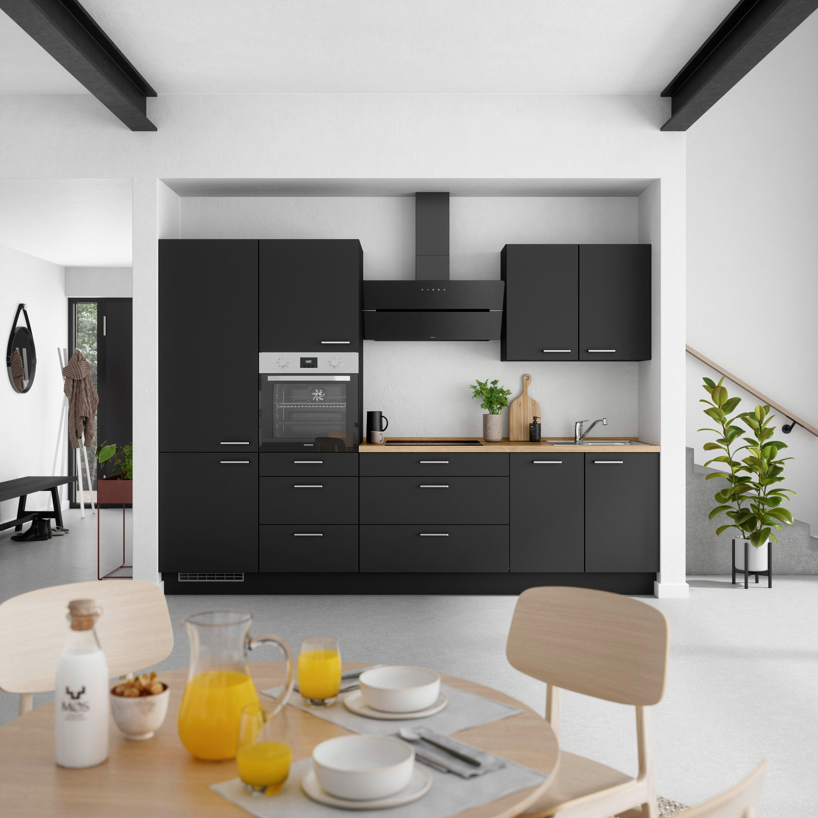 KÜCHENLEERBLOCK 300 cm   in Schwarz, Eichefarben  - Edelstahlfarben/Eichefarben, MODERN, Holzwerkstoff/Metall (300cm) - Nobilia