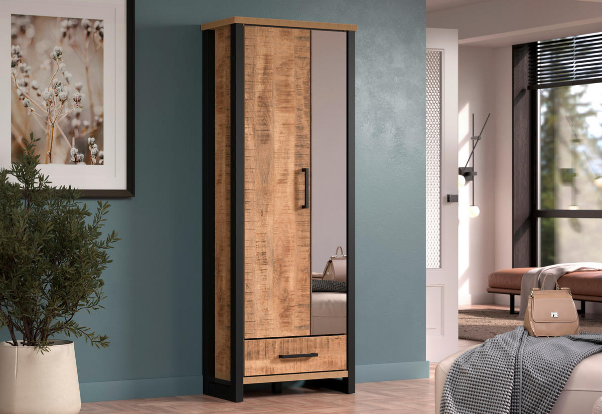 GARDEROBENSCHRANK ENNA GD  in 73/195/39 cm  - Schwarz/Naturfarben, Basics, Glas/Holzwerkstoff (73/195/39cm) - MID.YOU