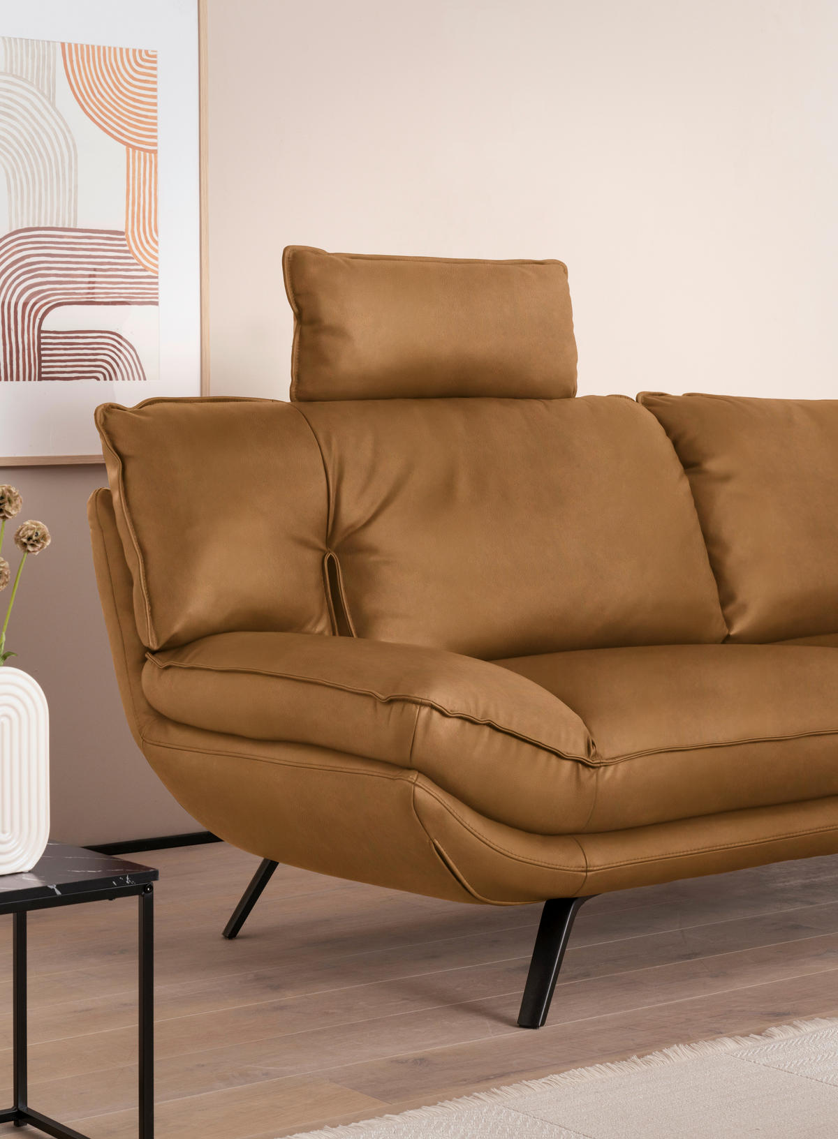 3-SITZER-SOFA in Leder Hellbraun  - Hellbraun/Schwarz, Design, Leder/Metall (226/95/95cm) - Celina
