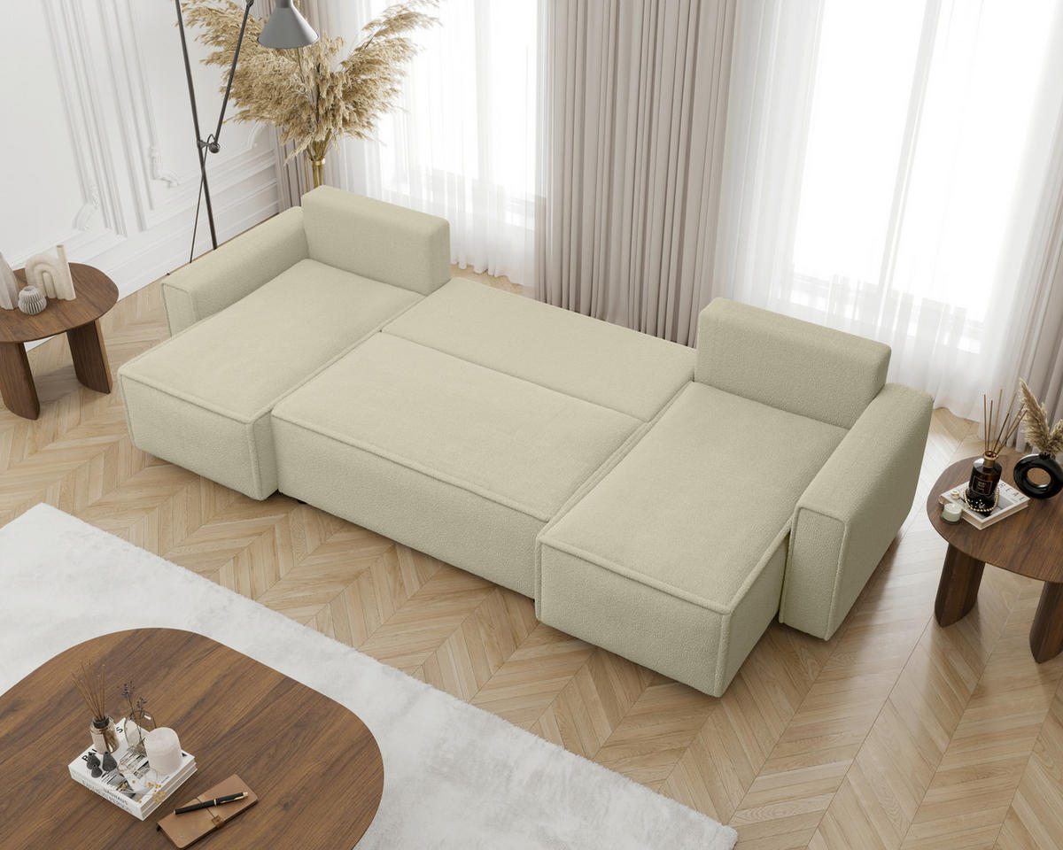 WOHNLANDSCHAFT Beige Bouclé  - Beige/Schwarz, MODERN, Kunststoff/Textil (140/305/140cm) - Carryhome