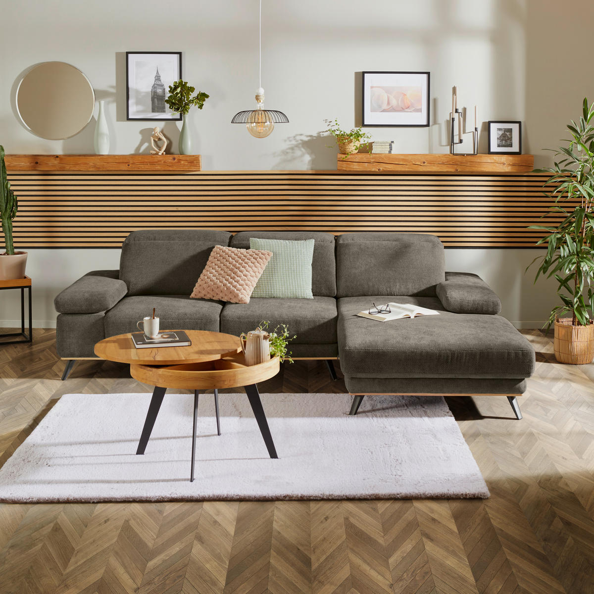 ECKSOFA in Struktur Olivgrün  - Schwarz/Olivgrün, Modern, Textil/Metall (283/194cm) - MID.YOU