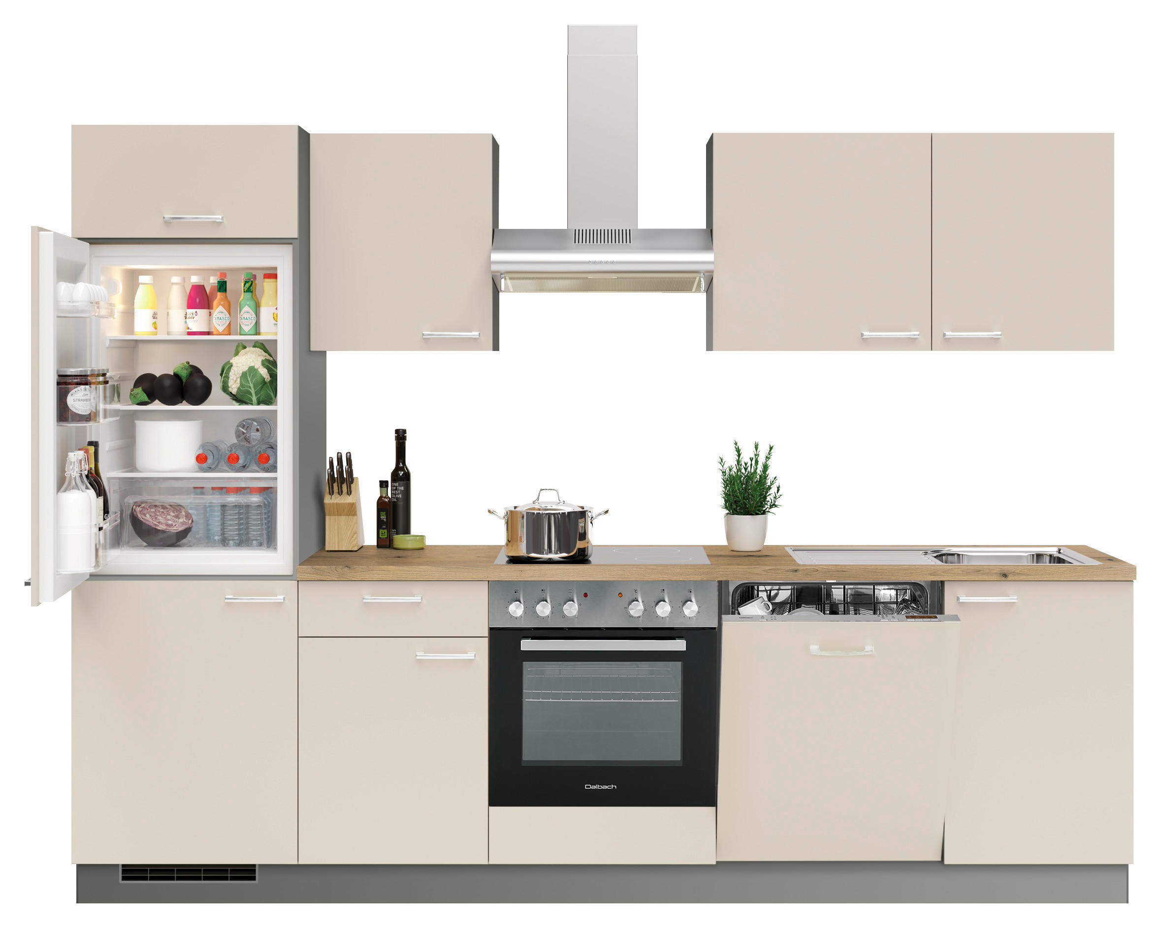 KÜCHENBLOCK 280 cm   in Anthrazit, Creme  - Edelstahlfarben/Eichefarben, KONVENTIONELL, Holzwerkstoff/Metall (280cm) - Welnova