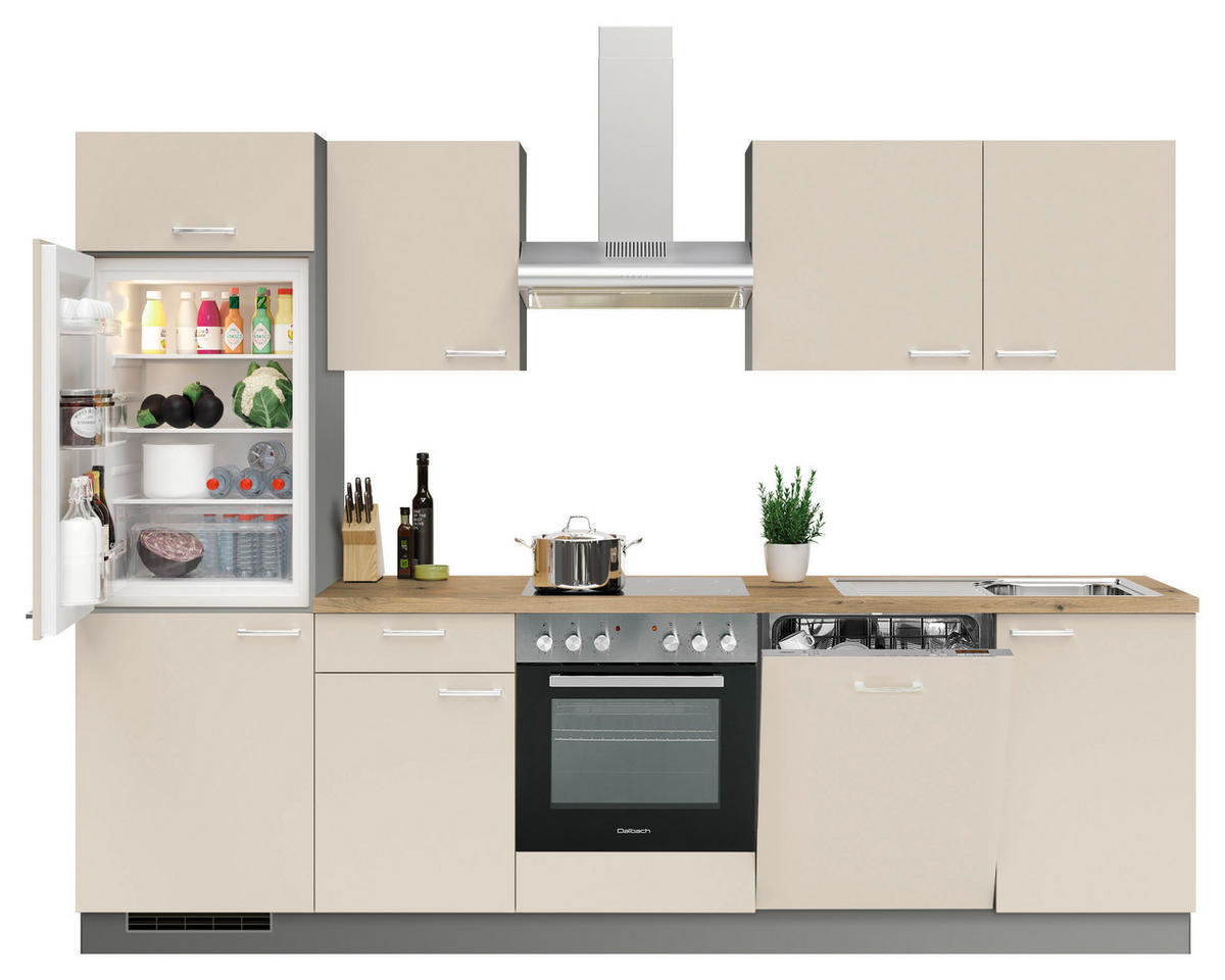 KÜCHENBLOCK 280 cm   in Anthrazit, Creme  - Edelstahlfarben/Eichefarben, KONVENTIONELL, Holzwerkstoff/Metall (280cm) - Welnova
