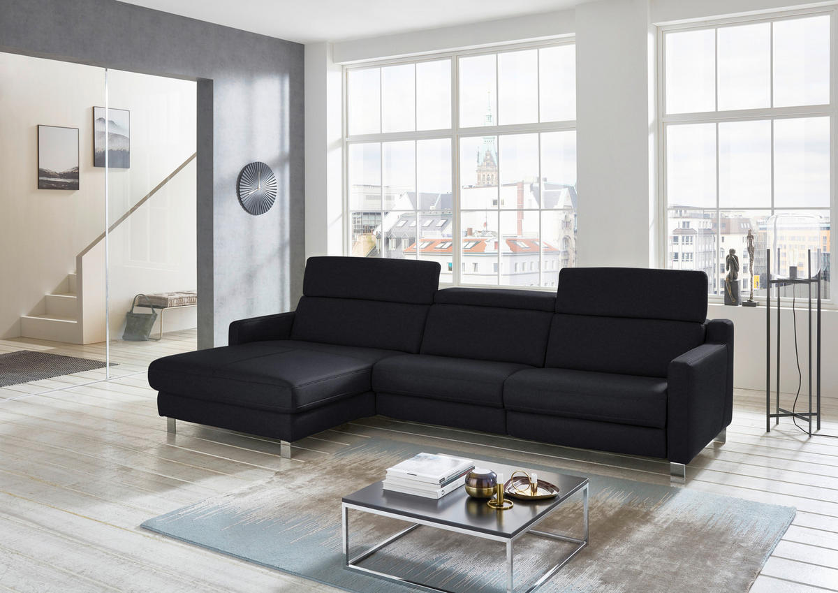 ECKSOFA in Echtleder Schwarz  - Chromfarben/Schwarz, Design, Leder/Metall (176/291cm) - Valdera