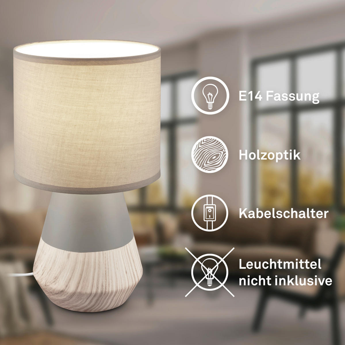 LED ASZTALI LÁMPA - szürke, Basics, textil/fa (18/34cm)
