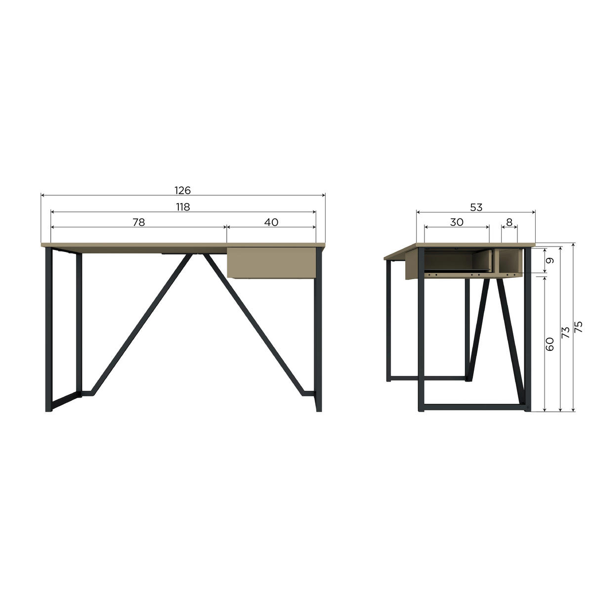 SCHREIBTISCH 126/53/75 cm  in Grau  - Schwarz/Grau, MODERN, Holz/Metall (126/53/75cm) - Livetastic