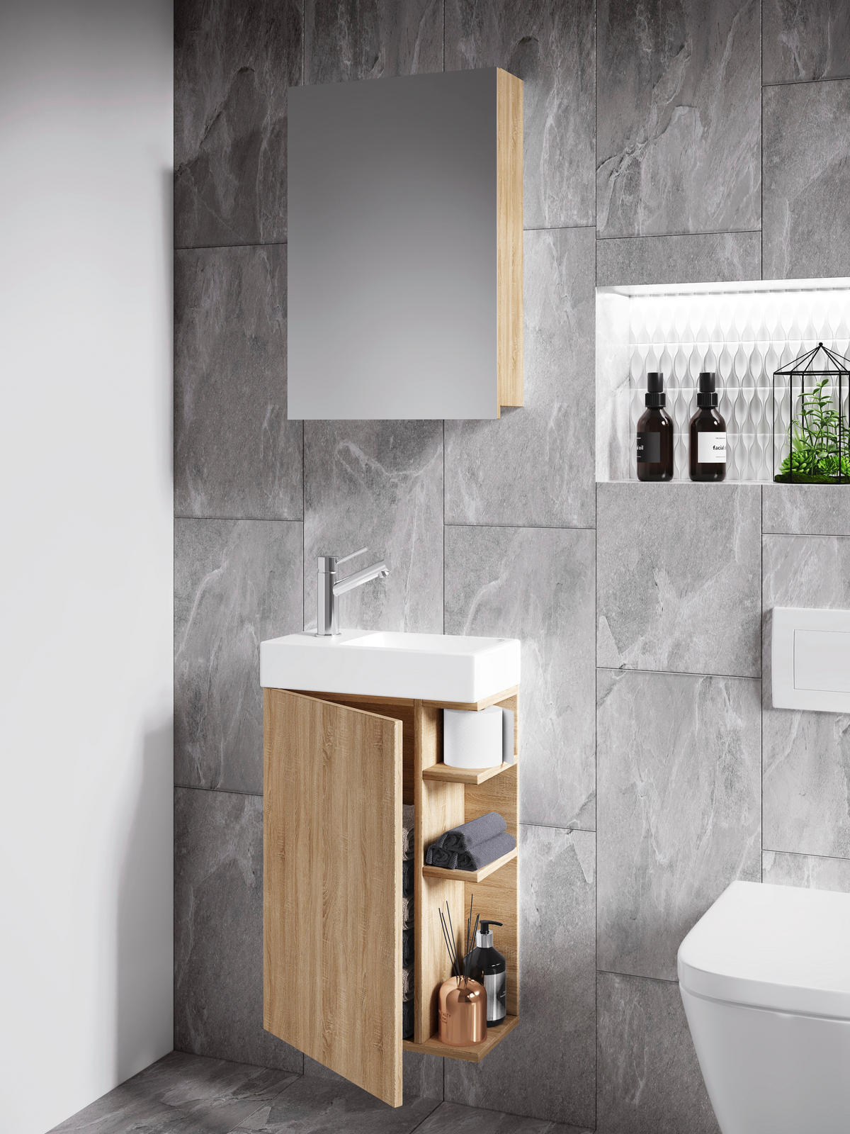 GÄSTEBAD - Weiss/Sonoma Eiche, Modern, Glas/Keramik (40cm) - MID.YOU